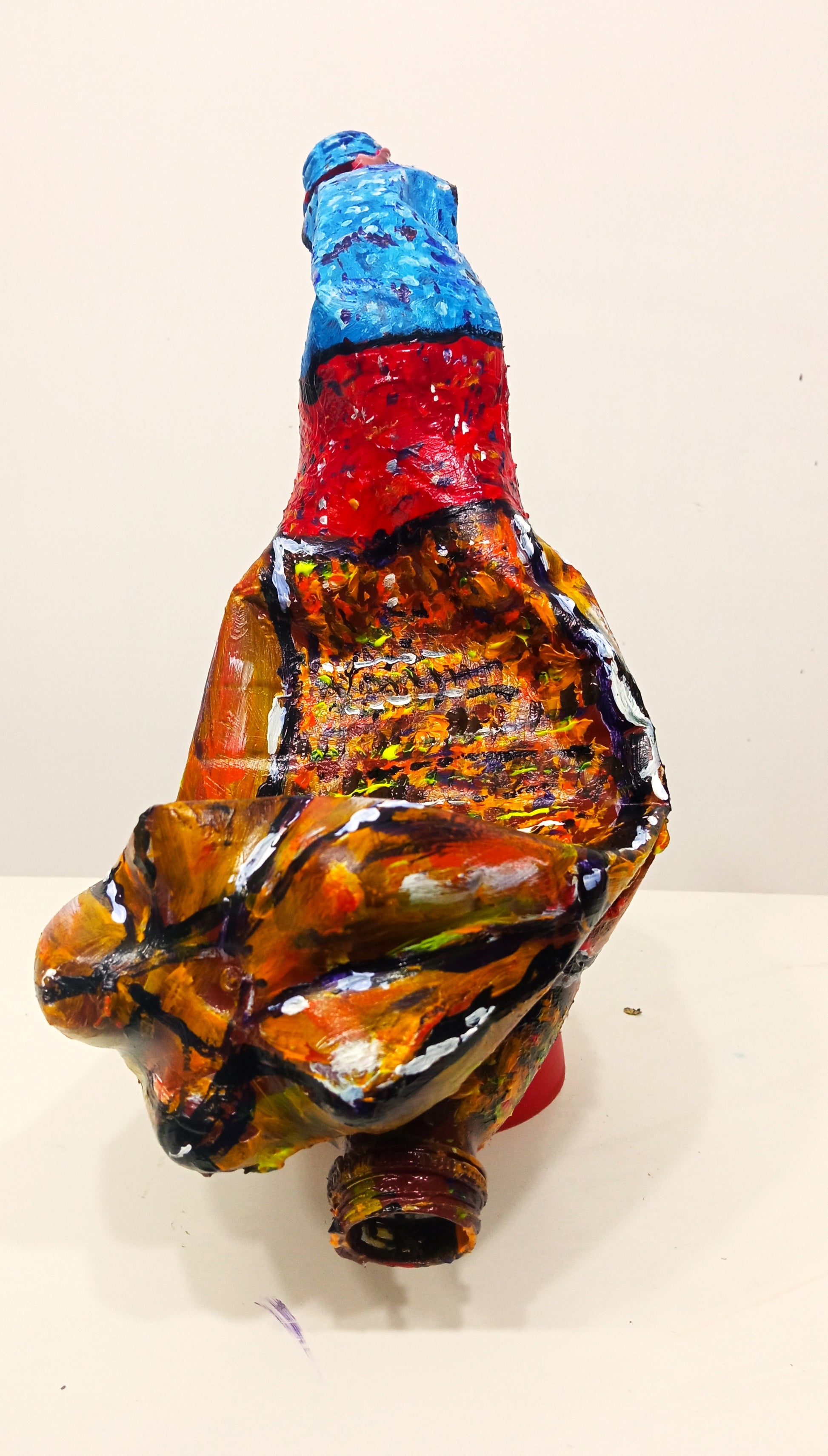 Acrylic painted Recycled plastic bottles Bad Tempered Turkey Figurine. Table top decoration [Recycled Art]. Backside View