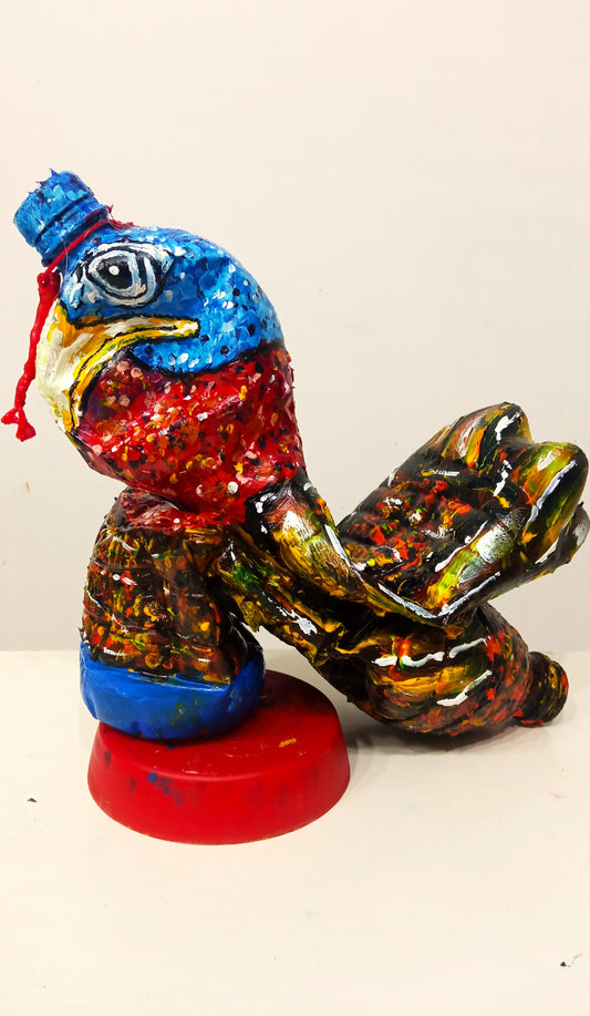 Acrylic painted Recycled plastic bottles SadTurkey Figurine. Table top decoration. [Recycled Art]. Right side view