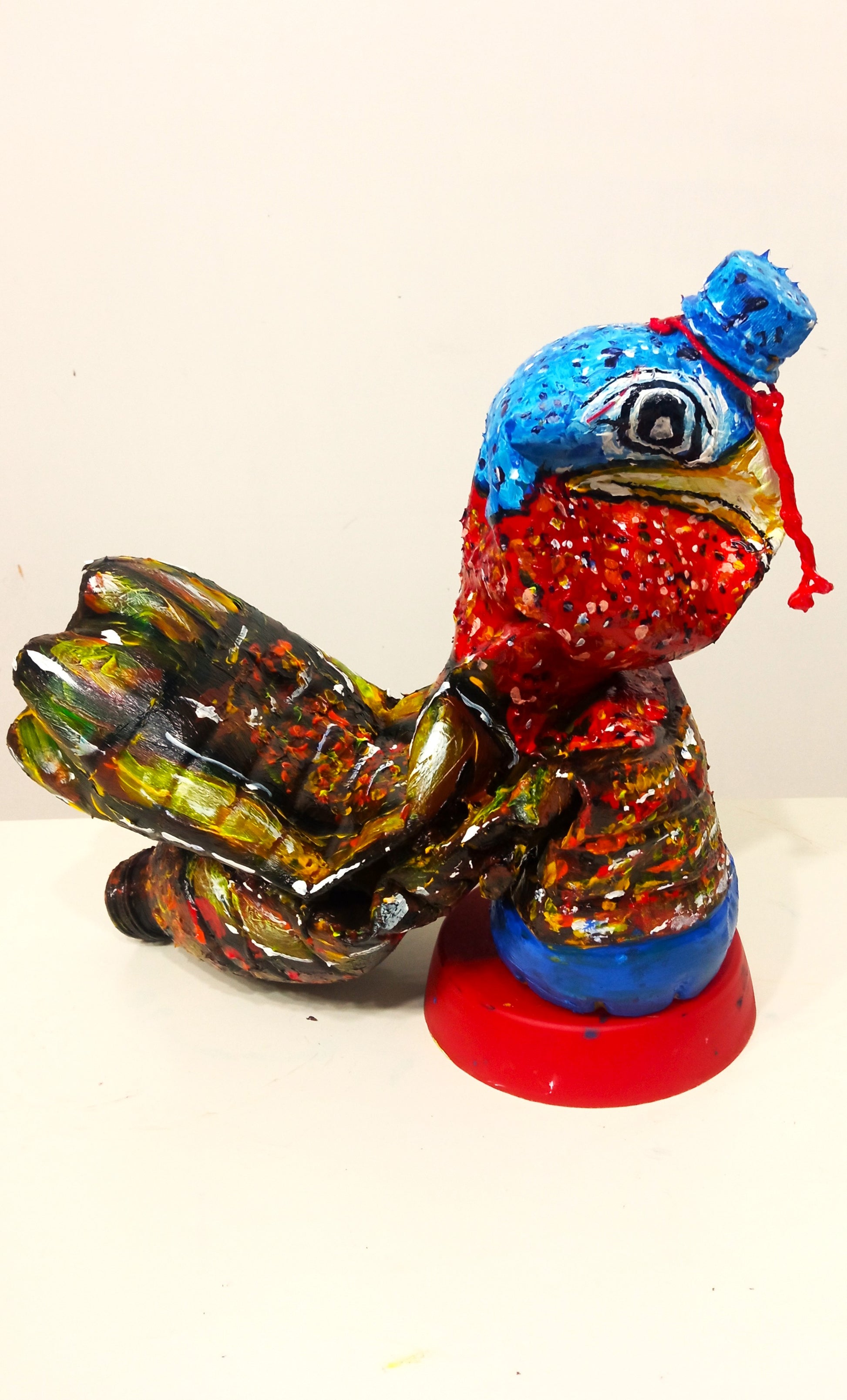 Acrylic painted Recycled plastic bottles SadTurkey Figurine. Table top decoration. [Recycled Art]. Left side view