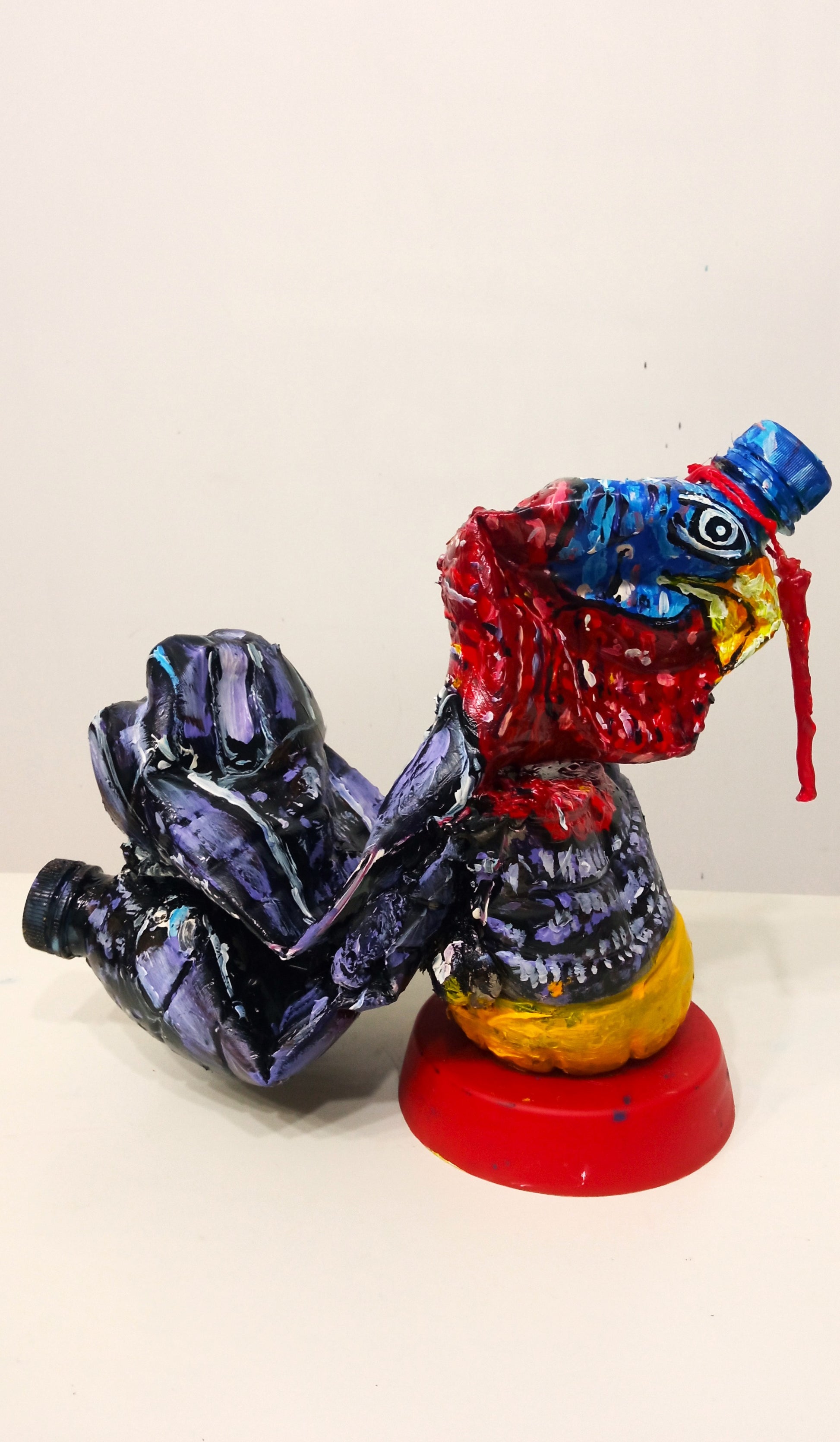 Acrylic painted Recycled plastic bottles Scrawny Turkey Figurine. Table top decoration. [Recycled Art]. Right side View