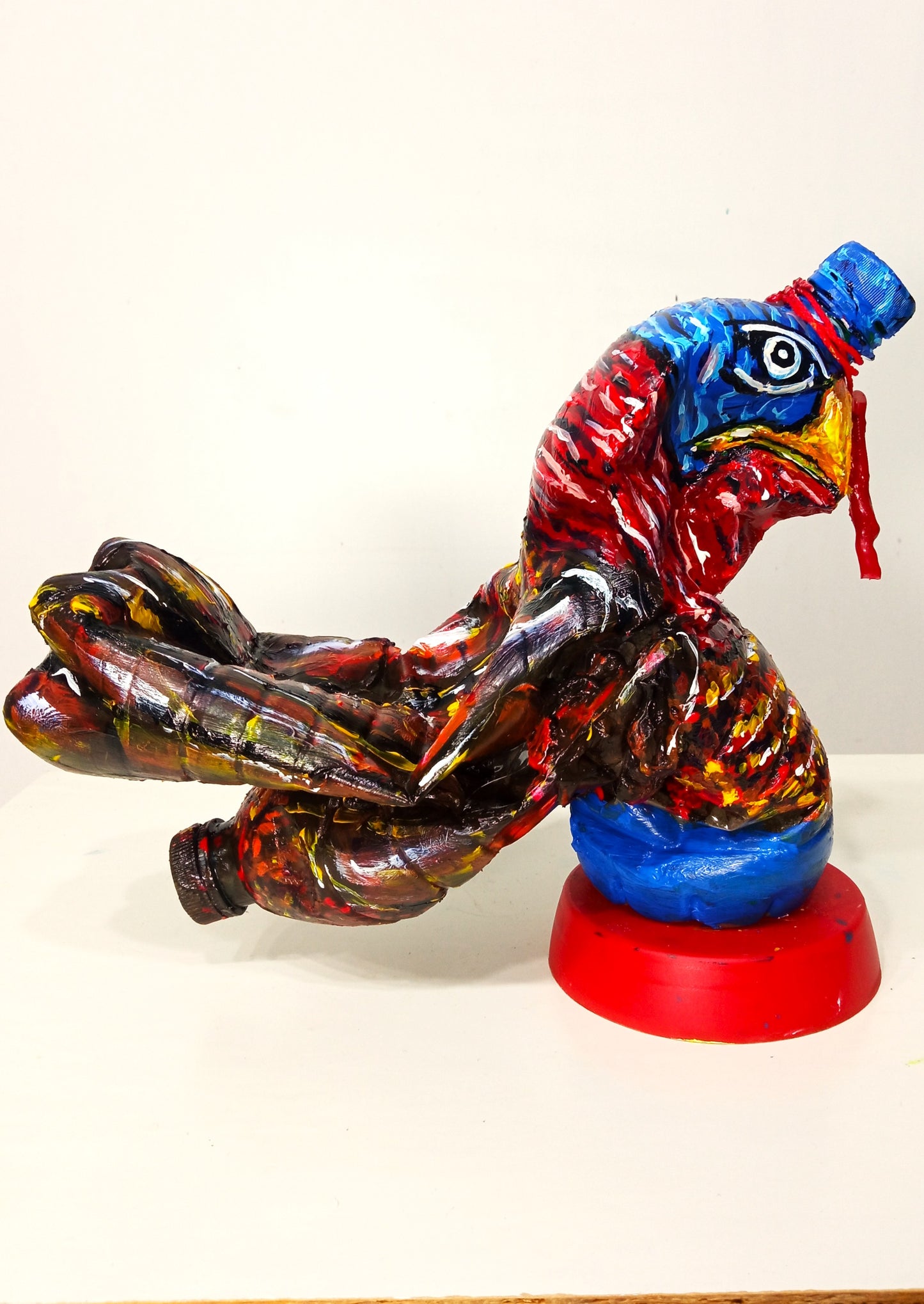 Acrylic painted Recycled plastic bottles Grumpy Turkey Figurine. Table top decoration. [Recycled Art]. Right Side View