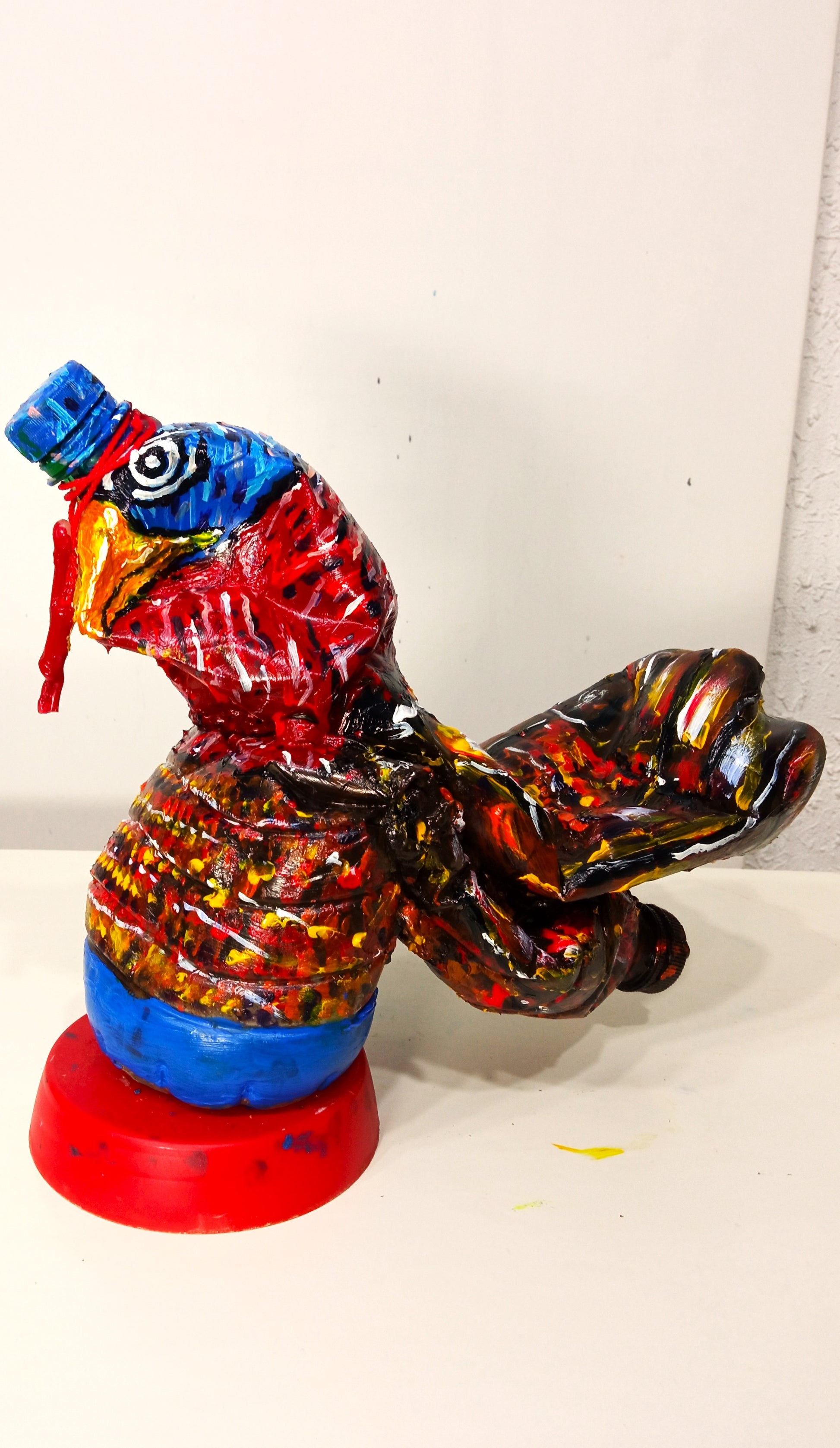 Acrylic painted Recycled plastic bottles Grumpy Turkey Figurine. Table top decoration. [Recycled Art]. Left Side View