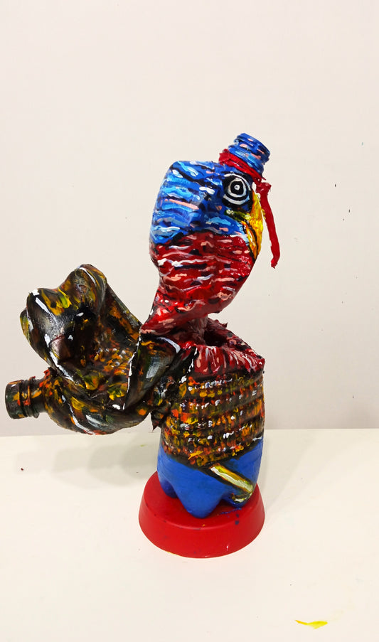 Acrylic painted Recycled plastic bottles SkinnyTurkey Figurine. Table top decoration. [Recycled Art]. Right side view