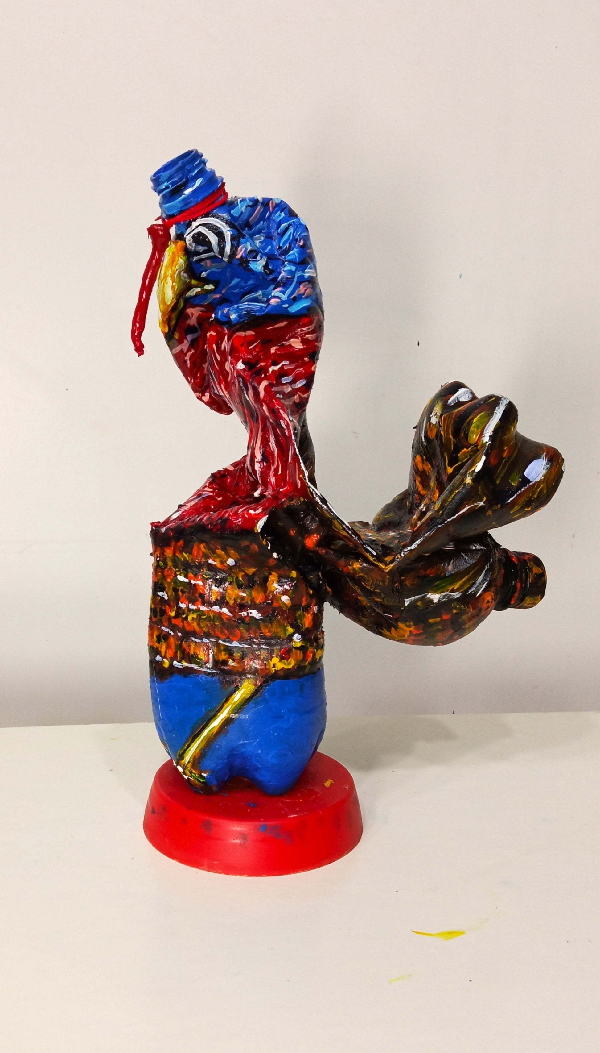 Acrylic painted Recycled plastic bottles SkinnyTurkey Figurine. Table top decoration. [Recycled Art]. Left side view