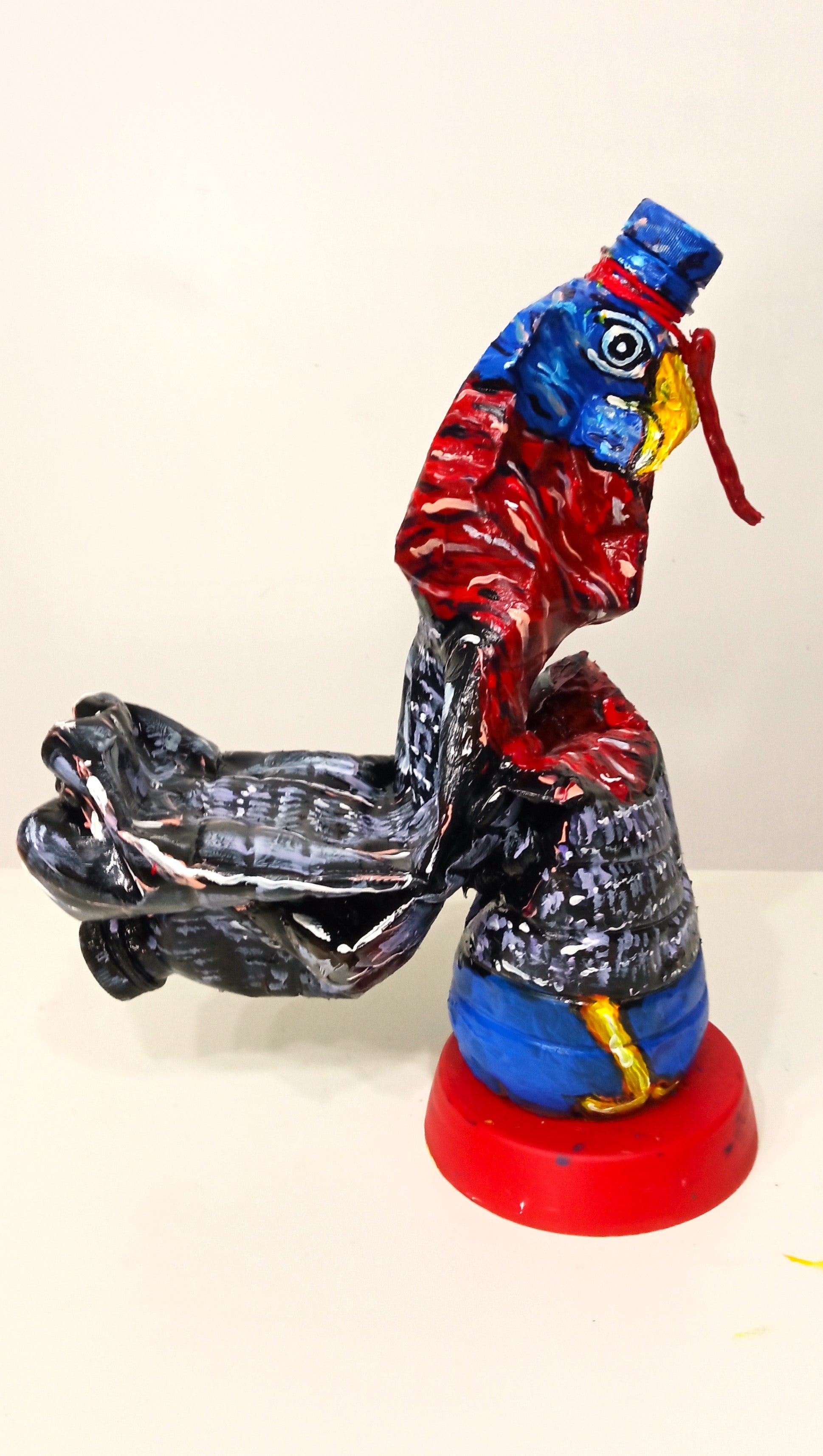 Acrylic painted Recycled plastic bottles Brave Turkey Figurine. Table top decoration. [Recycled Art]. Right side view