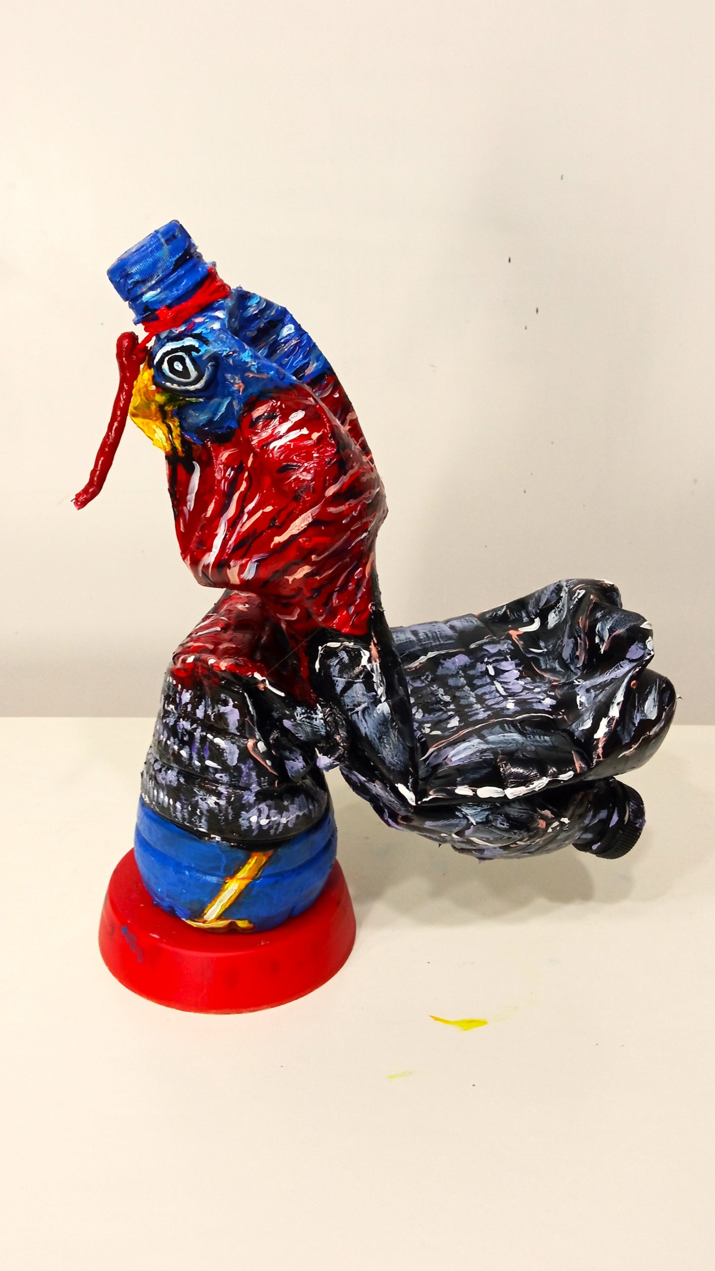 Acrylic painted Recycled plastic bottles Brave Turkey Figurine. Table top decoration. [Recycled Art]. Left side view