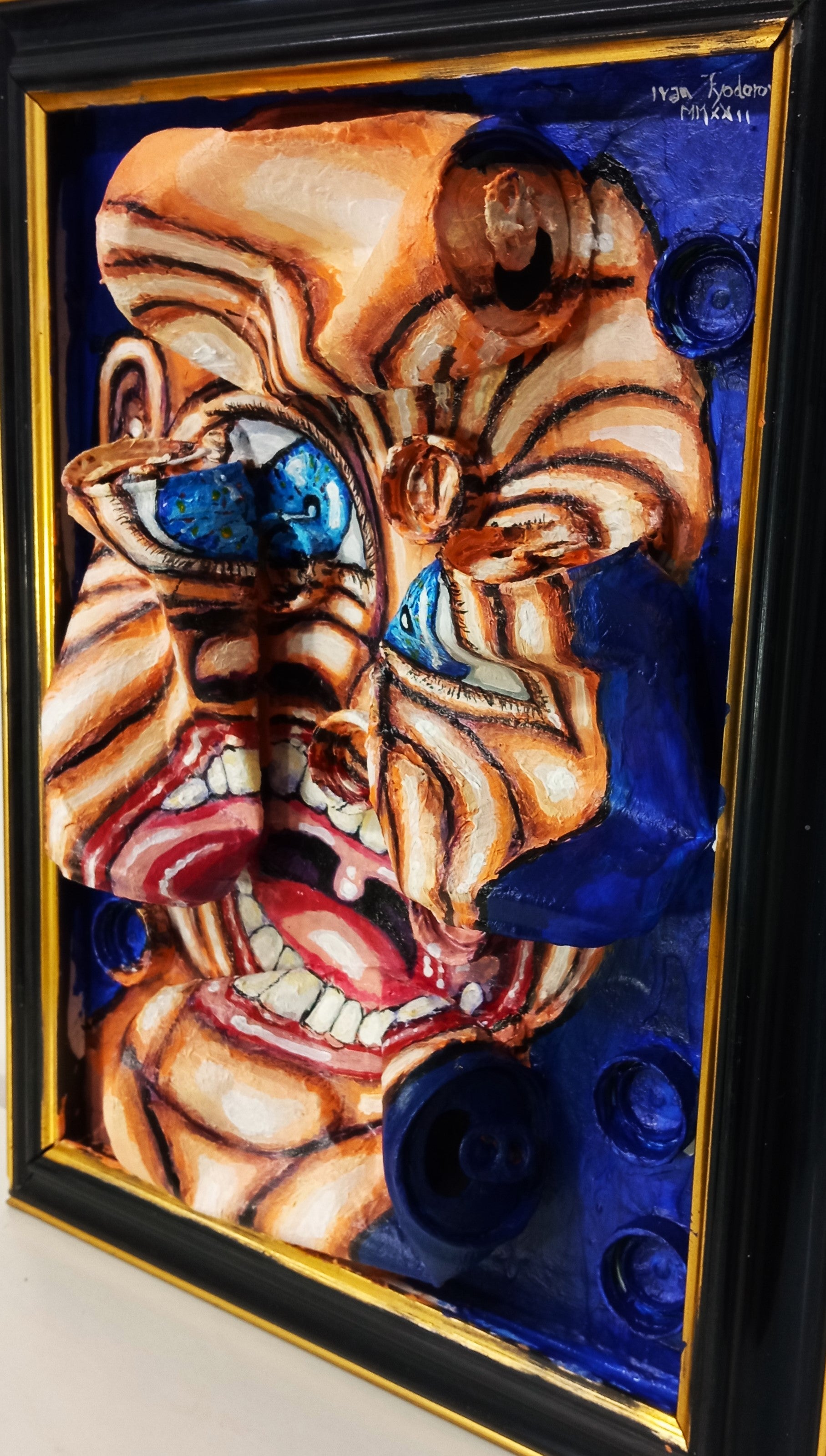 3d art portrait of a naked angry man. Acrylic on recycled woodboard and recycled beer cans and bottle tops. Medium Right View