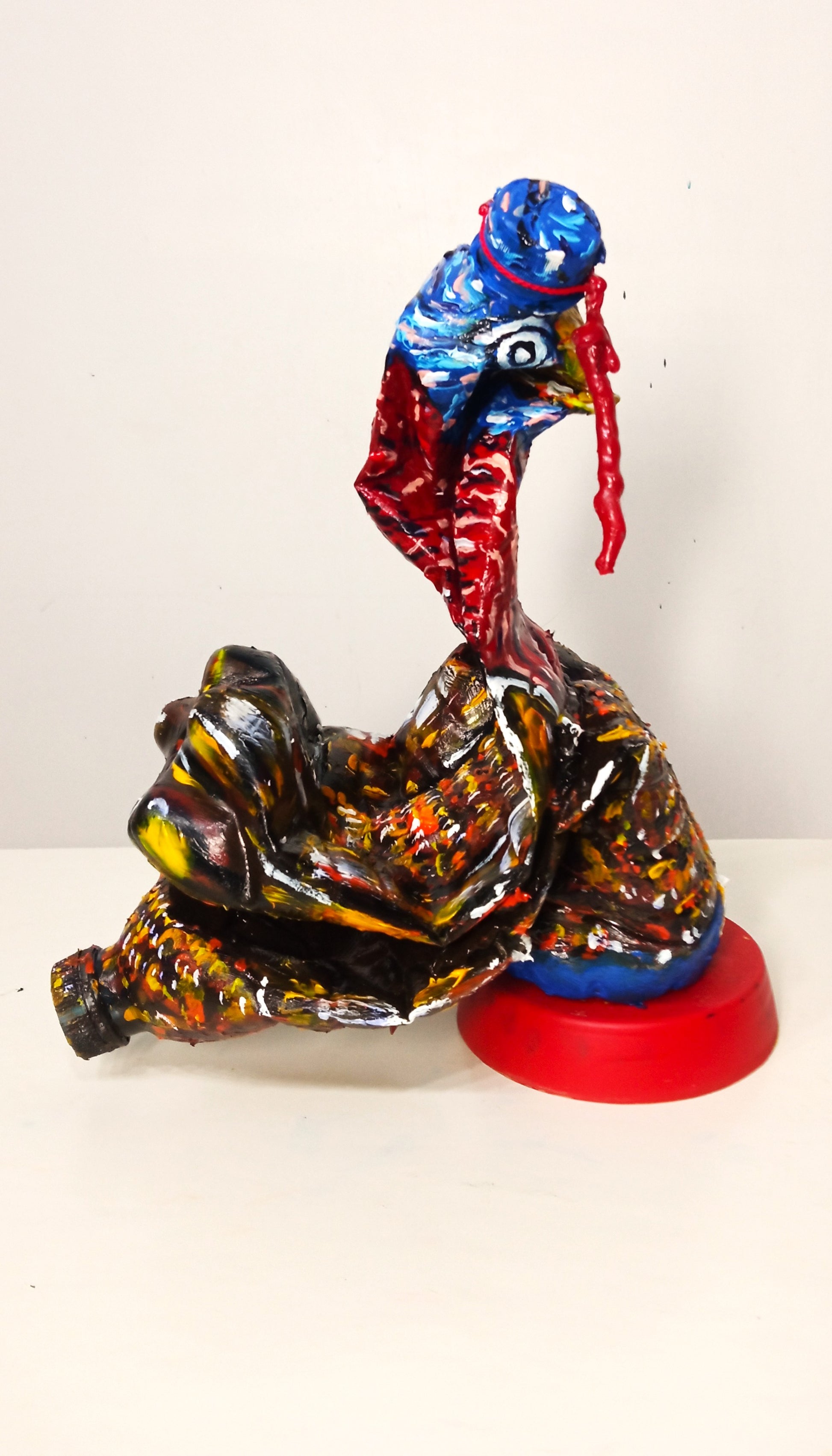 Acrylic painted Recycled plastic bottles Scared Turkey Figurine. Table top decoration. [Recycled Art].  Right side view