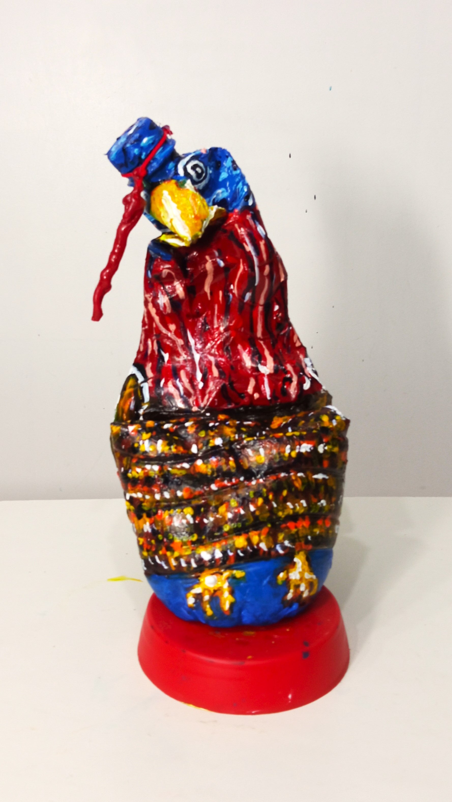 Acrylic painted Recycled plastic bottles Scared Turkey Figurine. Table top decoration. [Recycled Art]. Front view