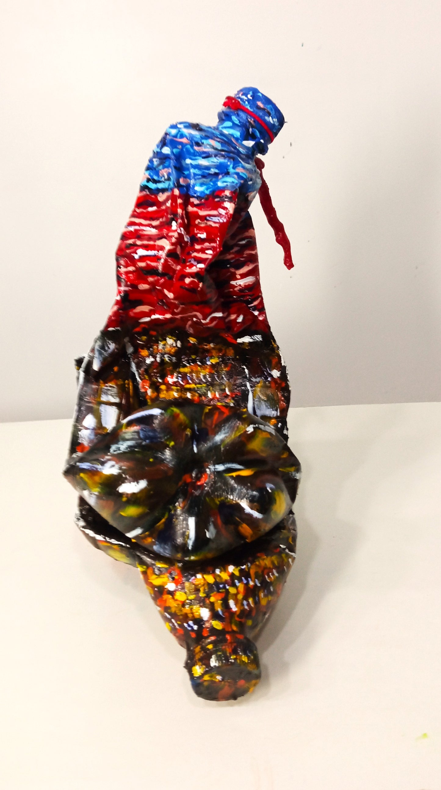 Acrylic painted Recycled plastic bottles Scared Turkey Figurine. Table top decoration. [Recycled Art]. Back side view