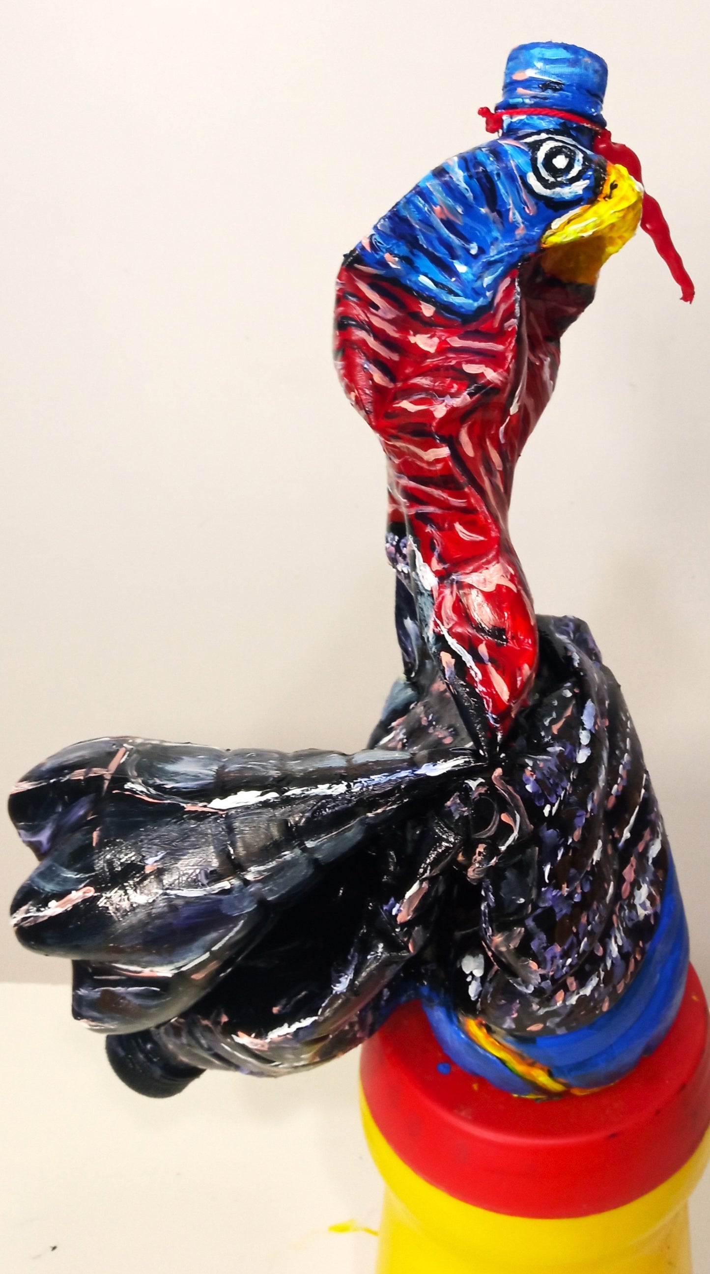 Acrylic painted Recycled plastic bottles Curious Turkey Figurine. Table top decoration. [Recycled Art]. Right side view