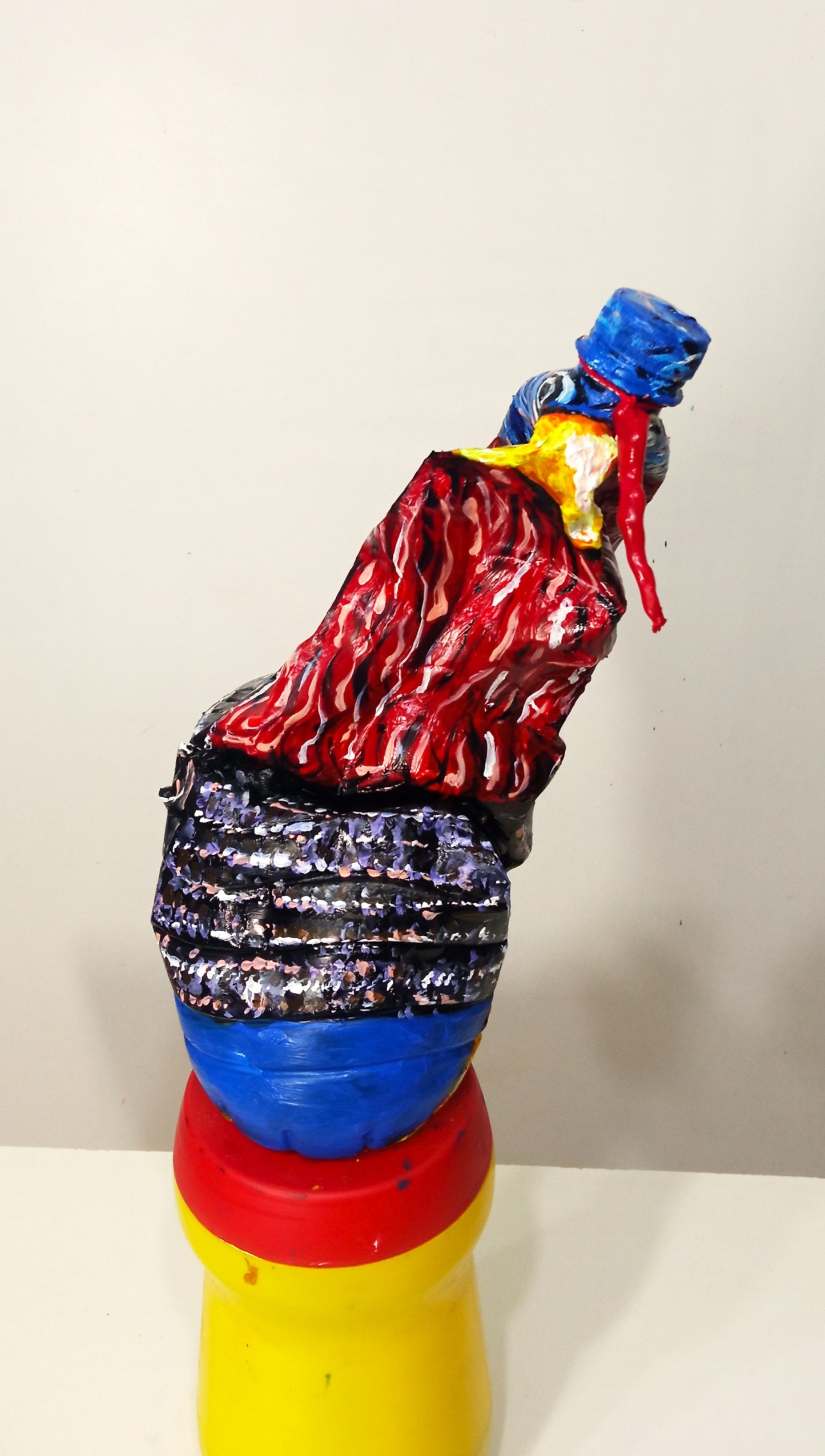 Acrylic painted Recycled plastic bottles Curious Turkey Figurine. Table top decoration. [Recycled Art]. Front side view