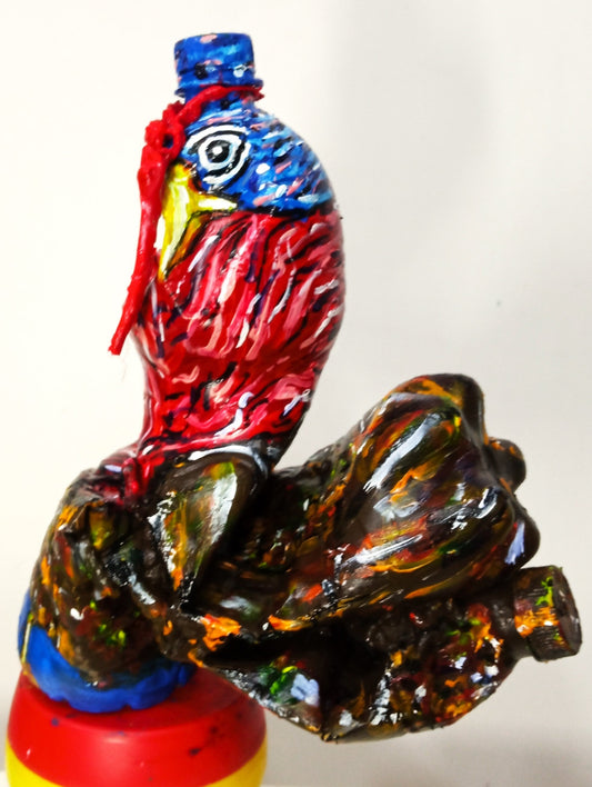 Acrylic painted Recycled plastic bottles Aloof Turkey Figurine. Table top decoration. [Recycled Art]. Left sude view