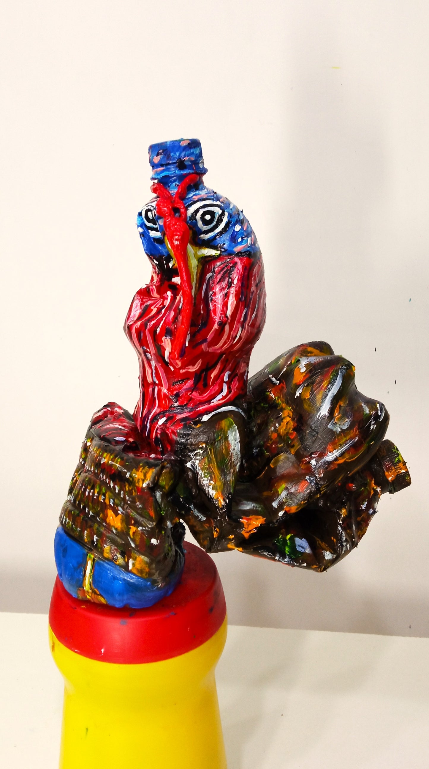 Acrylic painted Recycled plastic bottles Aloof Turkey Figurine. Table top decoration. [Recycled Art]. front view