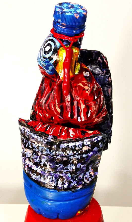 Acrylic painted Recycled plastic bottles Cocky Turkey Figurine. Table top decoration. [Recycled Art]. Front side view