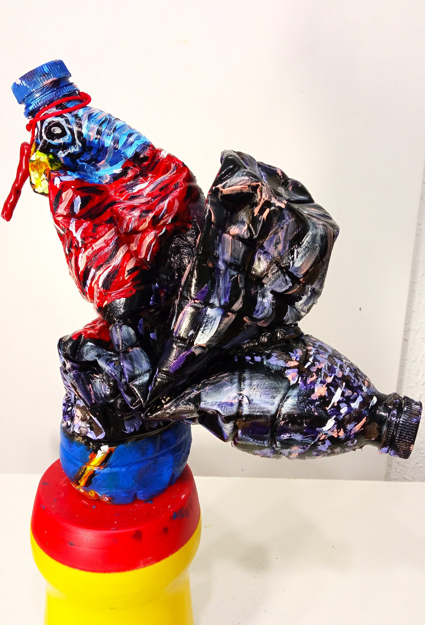 Acrylic painted Recycled plastic bottles Cocky Turkey Figurine. Table top decoration. [Recycled Art]. Left side view