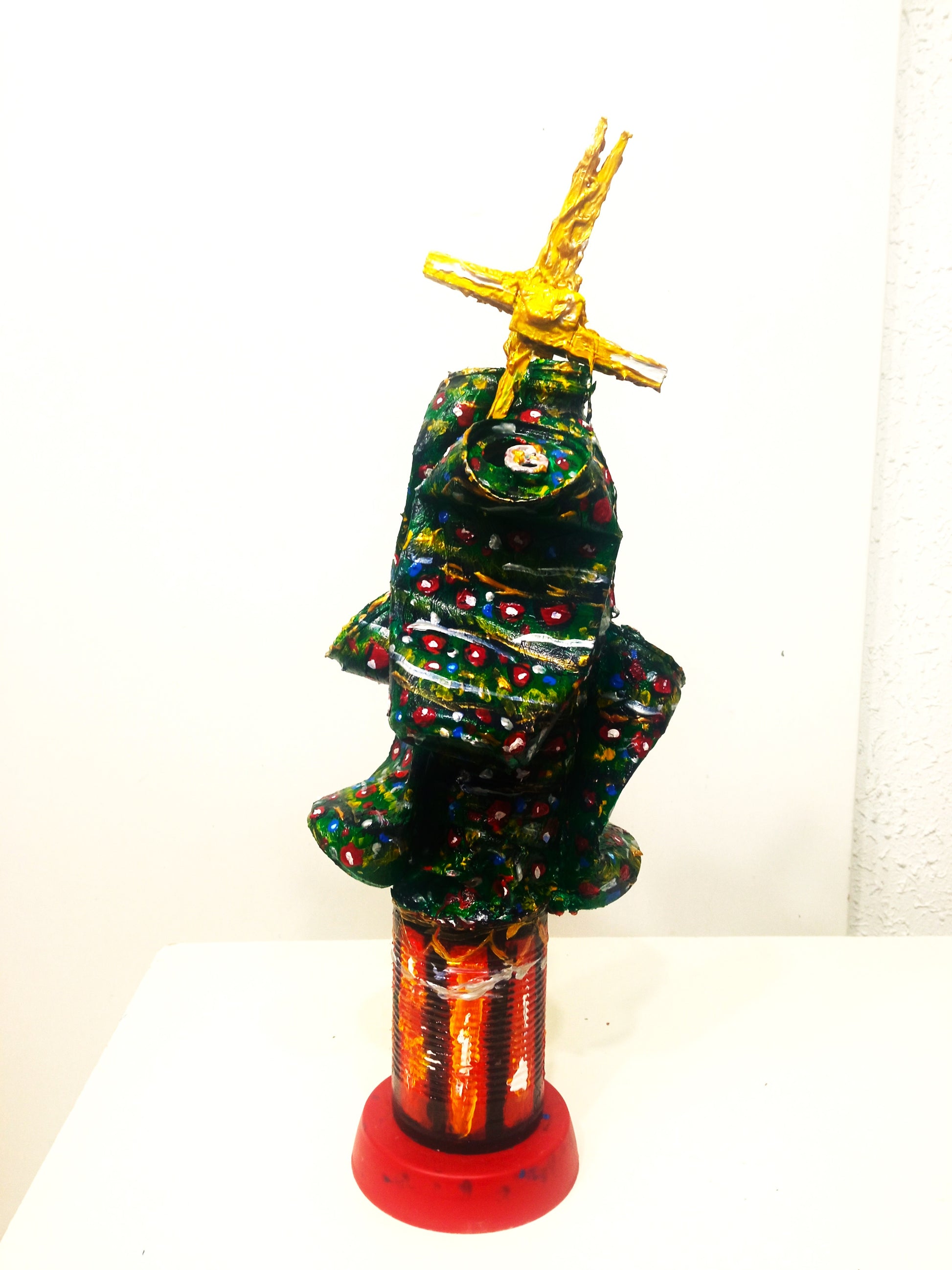 Christmas Tree Figurine Created out of Recycled Plastic Bottle and Recycled Soda Cans. [Recycled Art]Ivan Fyodorovich. Right Lateral  view