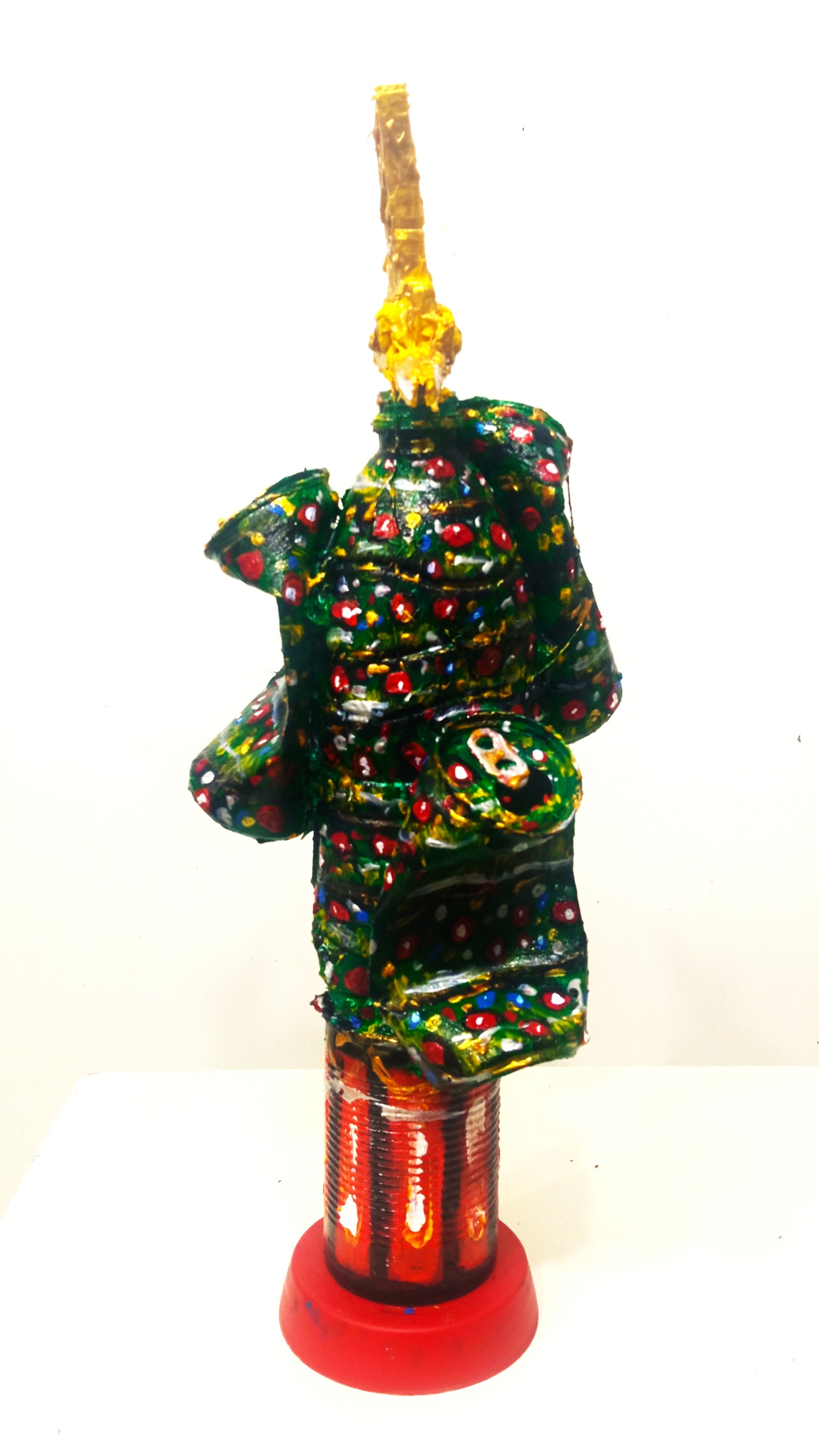 Christmas Tree Figurine Created out of Recycled Plastic Bottle and Recycled Soda Cans. [Recycled Art] Ivan Fyodorovich. Left lateral view