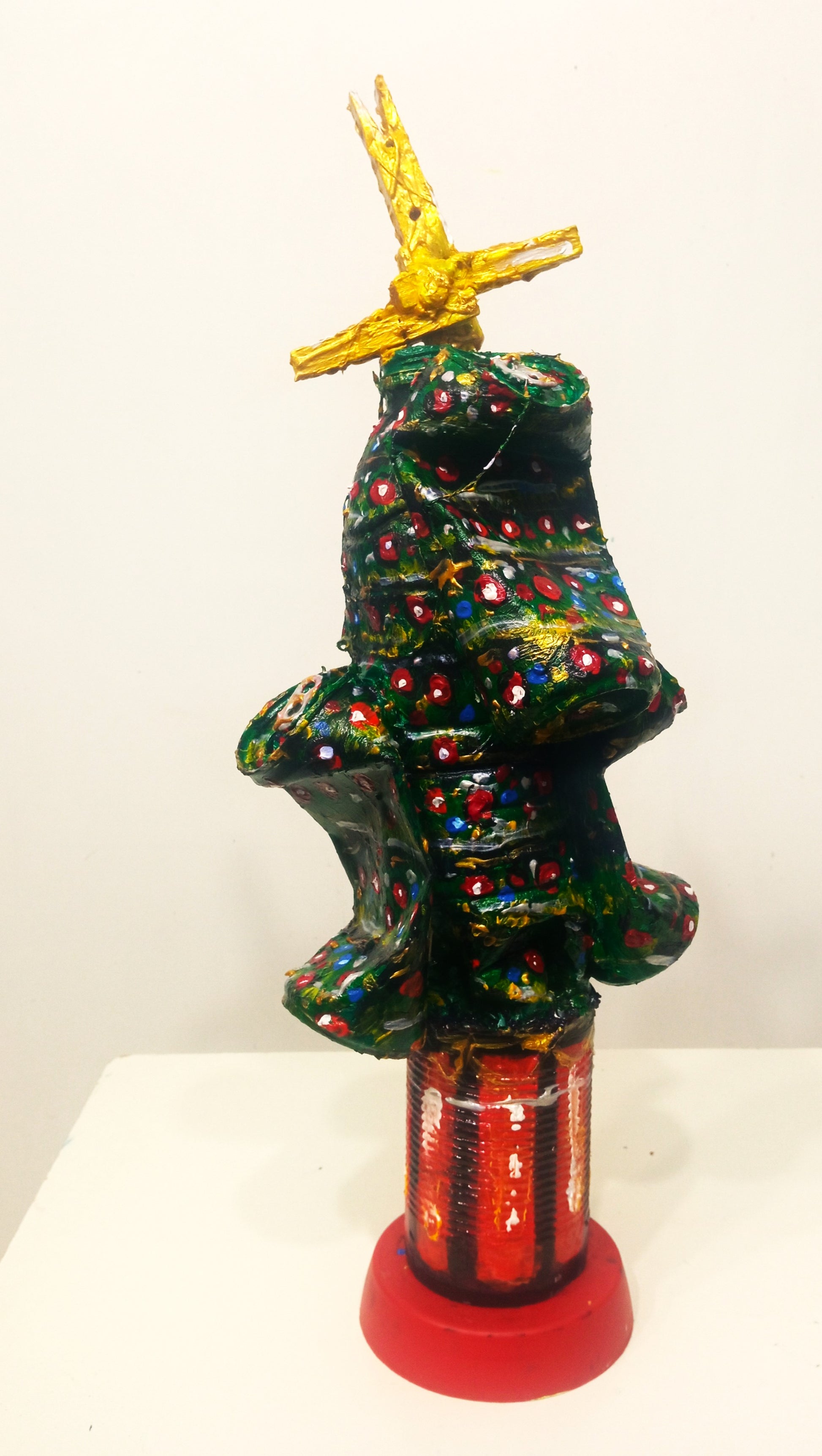 Christmas Tree Figurine Created out of Recycled Plastic Bottle and Recycled Soda Cans. [Recycled Art]Ivan Fyodorovich. Back side view