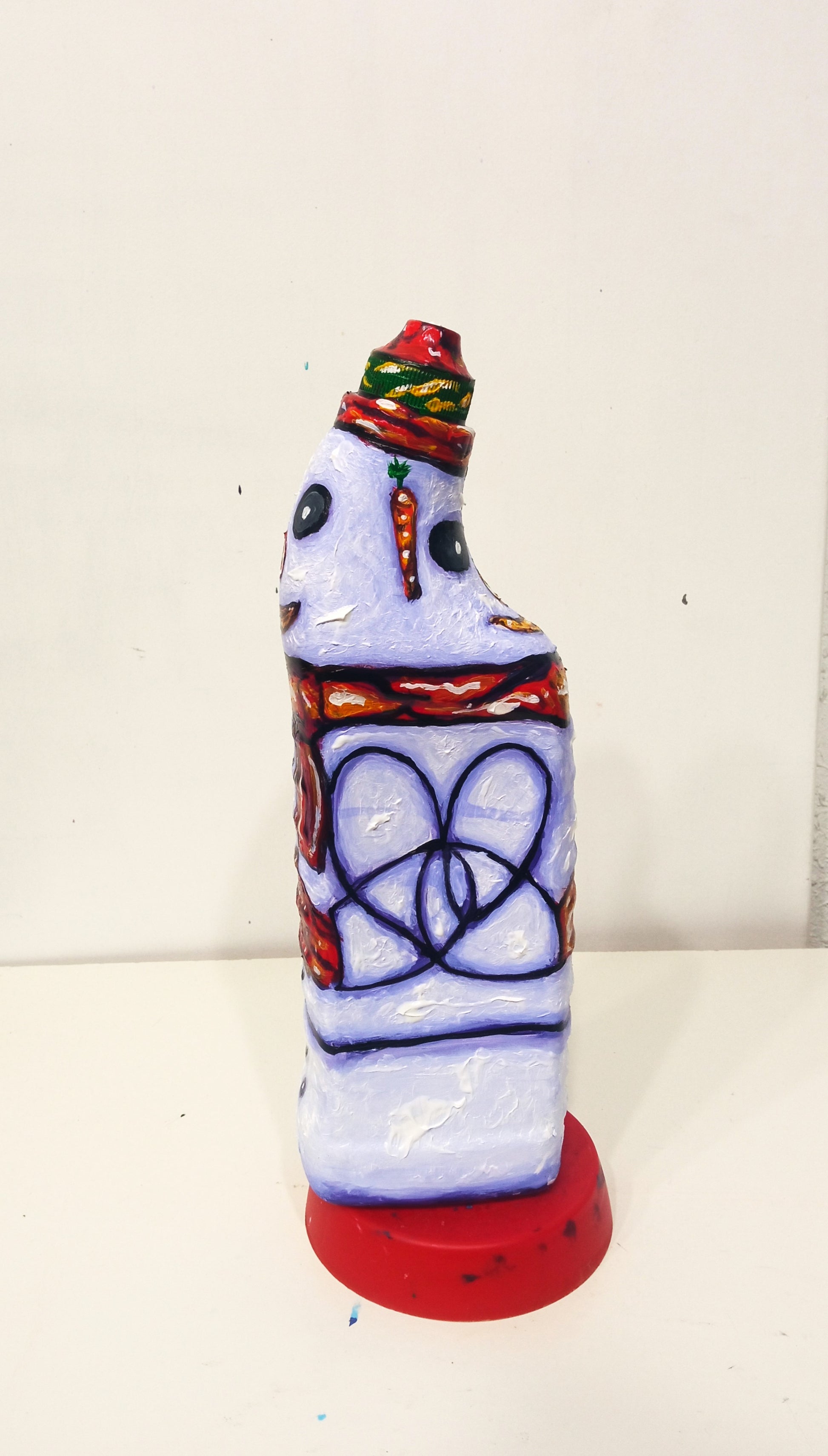 Double Snowman Figurine Created out of Recycled Washing Liquid Plastic Bottle . [Recycled Art]. Ivan Fyodorovich. Left side view