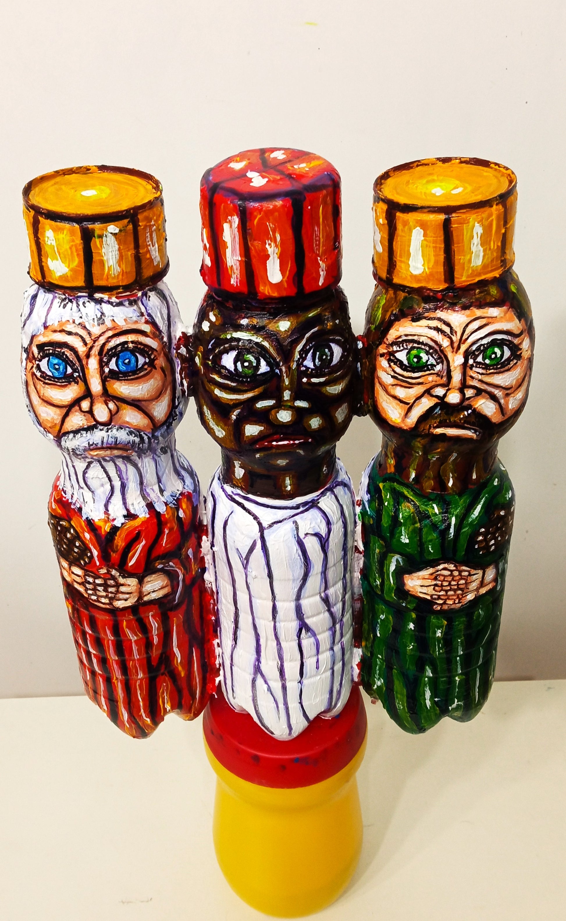 Sad Three Wise Men  Figurine Created out of Recycled Plastic Bottles. [Recycled Art]. Ivan Fyodorovich. Front view