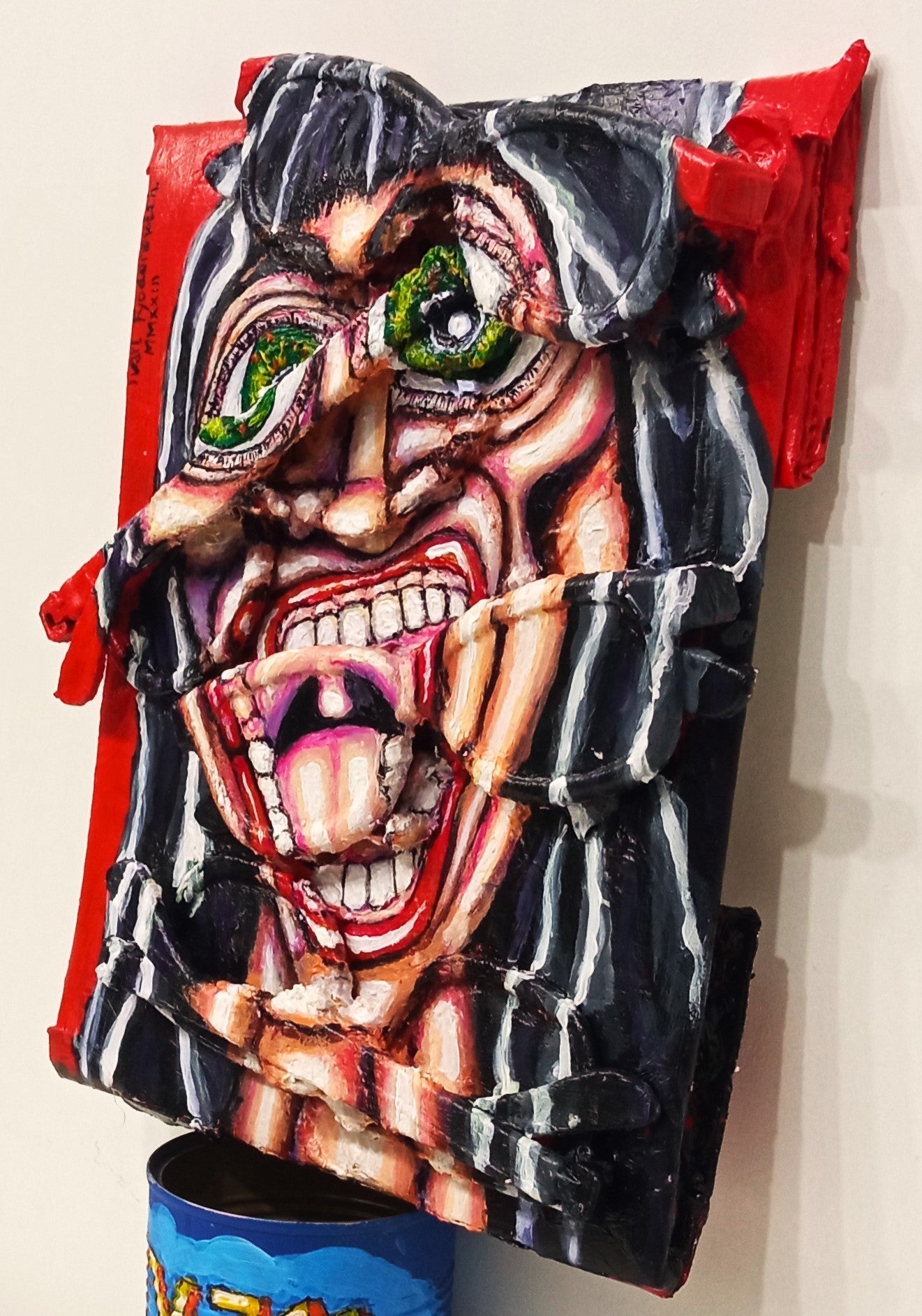 3D  Portrait of a screaming woman. Acrylic on recycled cardboard and recycled found objects. [Recycled Art] Ivan Fyodorovich