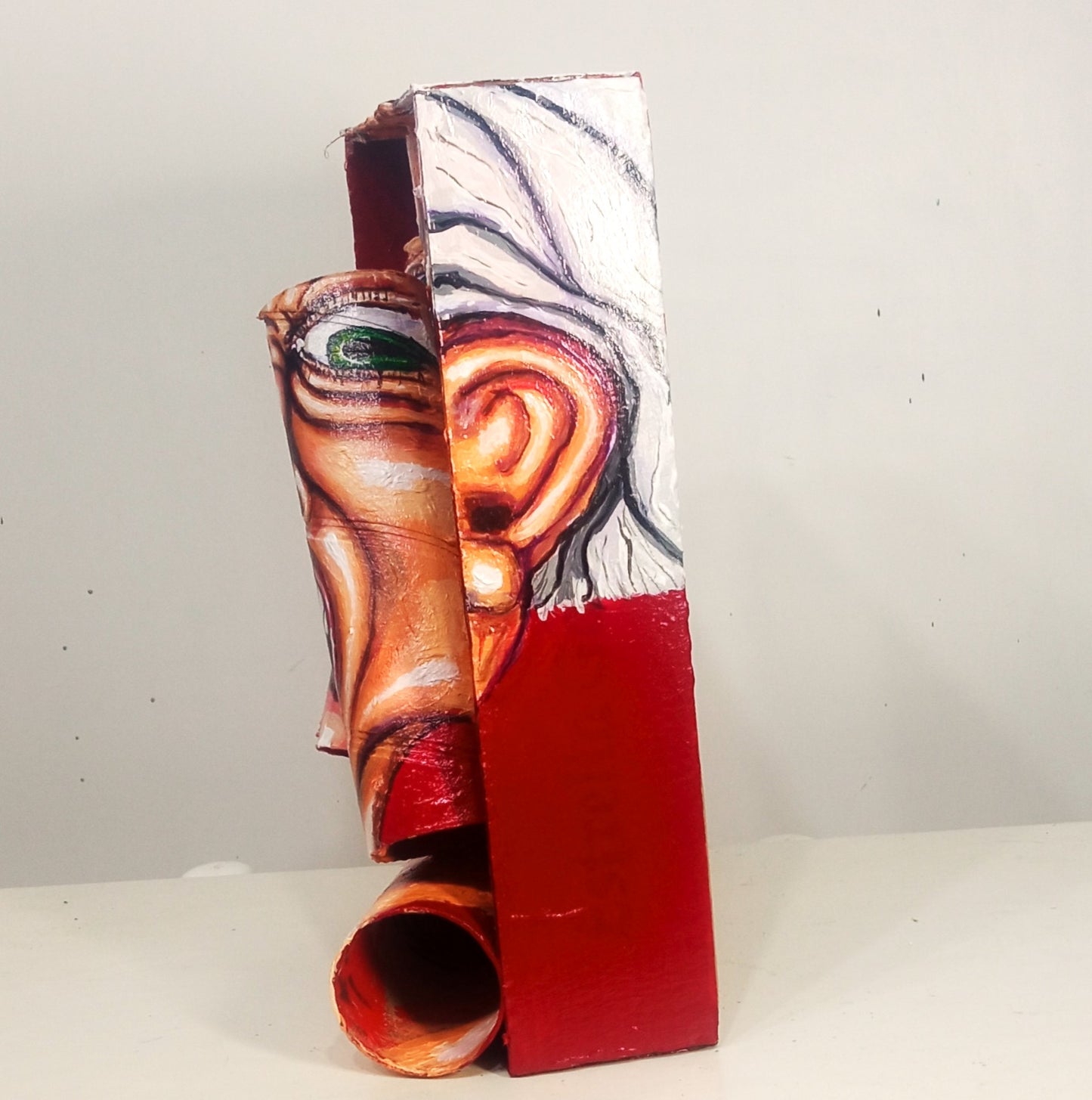 3D Portrait of a Man full of hatred. Acrylic on Recycled cardboard Tubes.  [Recycled Art] Right Lateral View