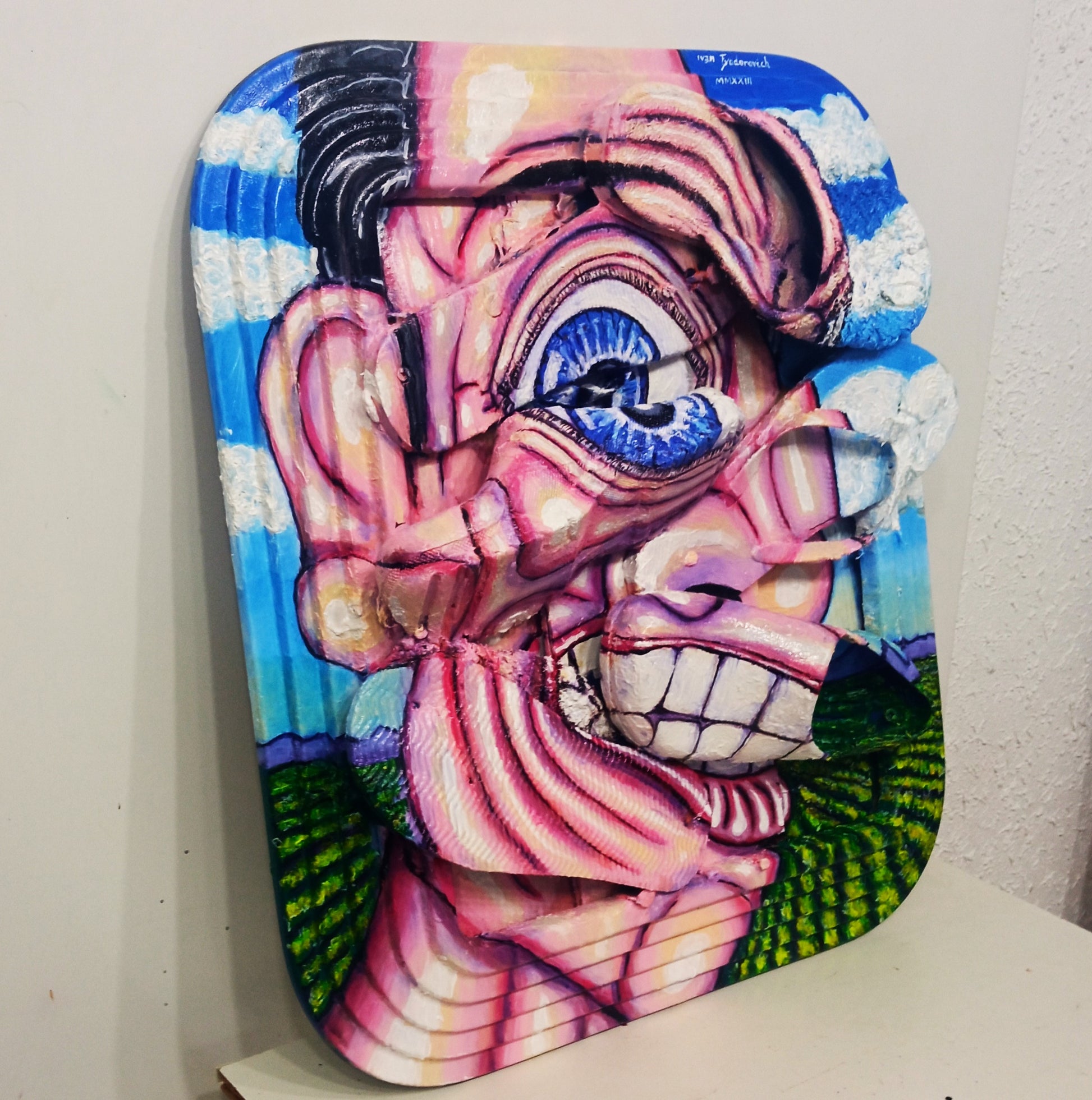 "Insanity" 3D Portrait of a Lunatic. Acrylic on recycled plastic bottles. [Recycled Art]. Ivan Fyodorovich. Medium  left lateral view