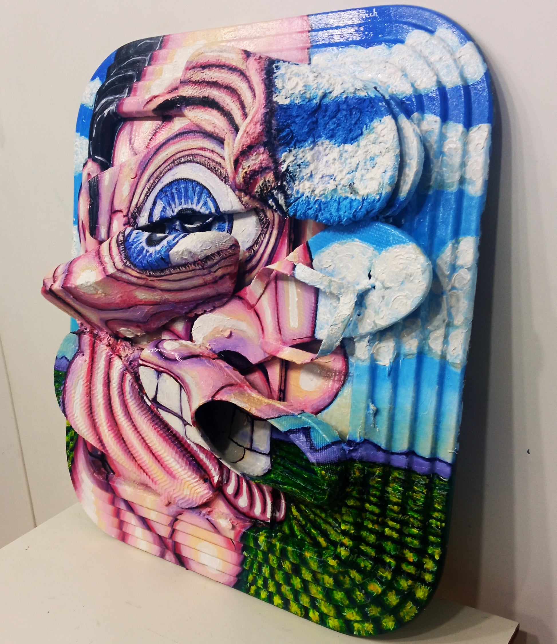 "Insanity" 3D Portrait of a Lunatic. Acrylic on recycled plastic bottles. [Recycled Art]. Ivan Fyodorovich. medium right lateral view