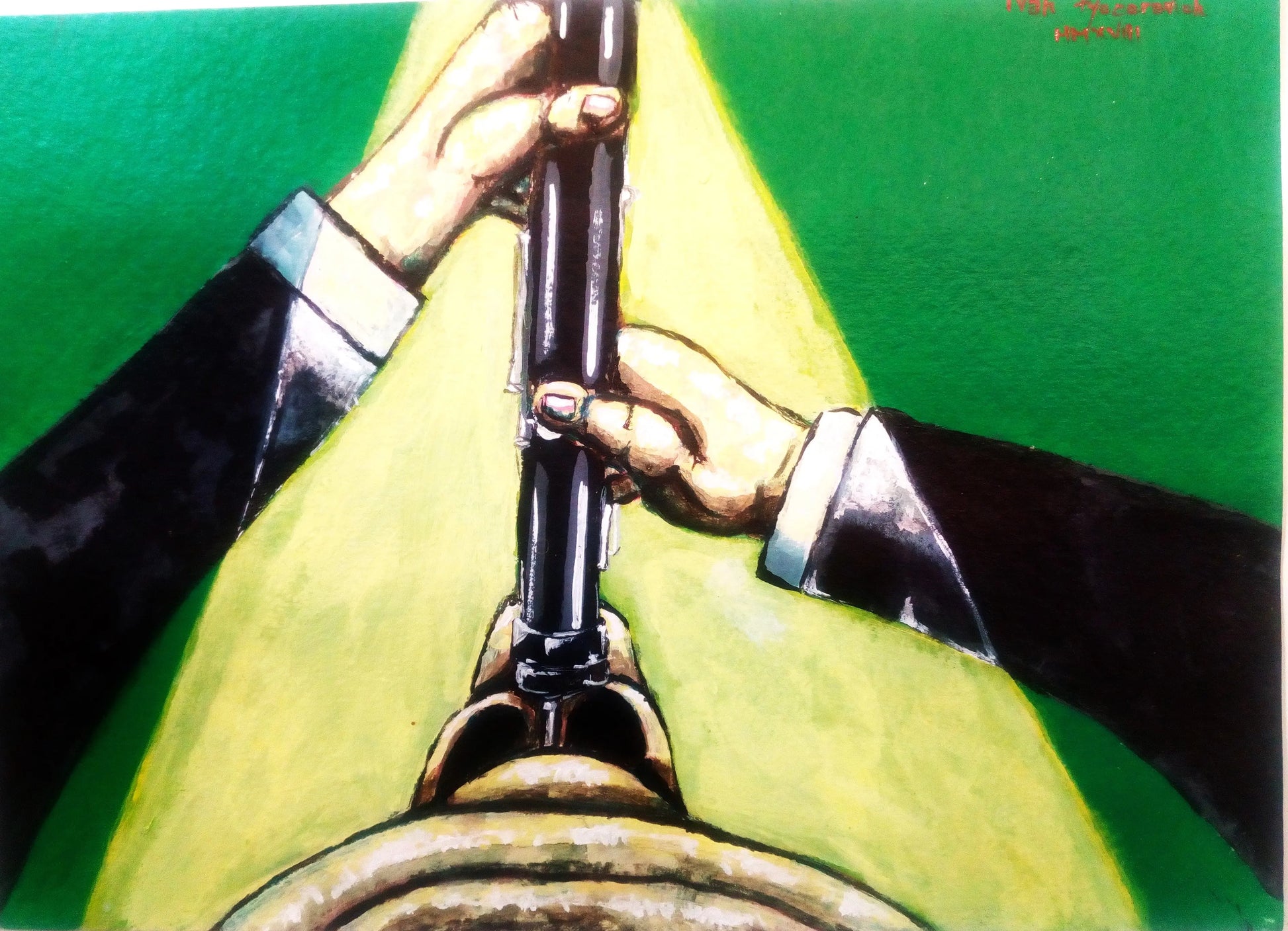 Portrait of a man playing the oboe viewed from below. (Print from Acrylic Original) [30 x 24 cm]