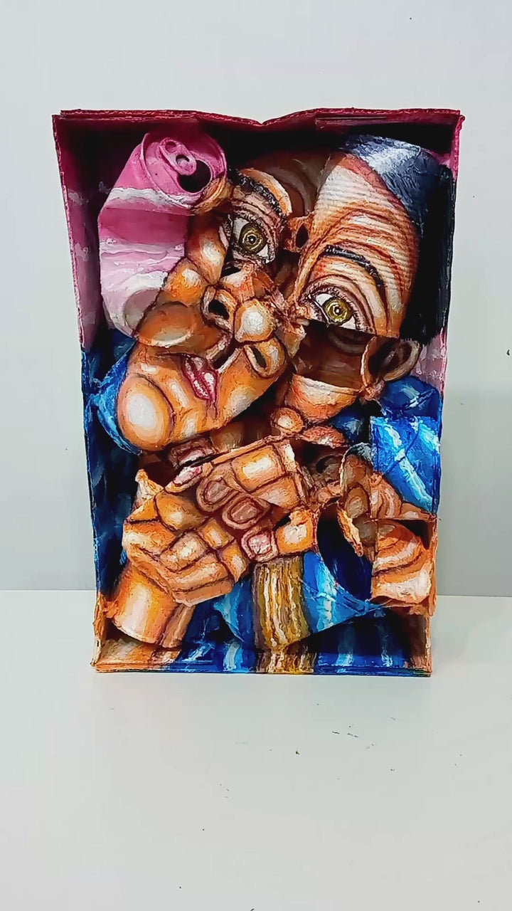 3D Portrait of a Daydreaming Man. Acrylic painting on recycled materials [Recycled Art]. Video