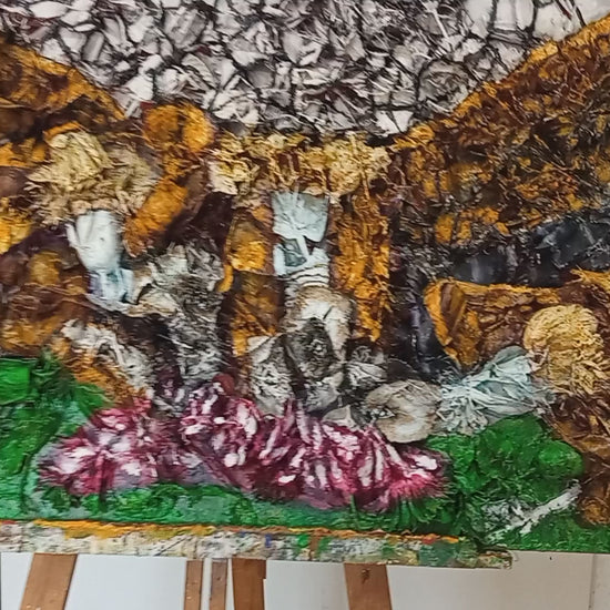 3D Painting of Vultures eating Carrion. Acrylic on SWoodboard and Recycled Plastic Flowers (Wildlife painting).[Recycled Art]. Video