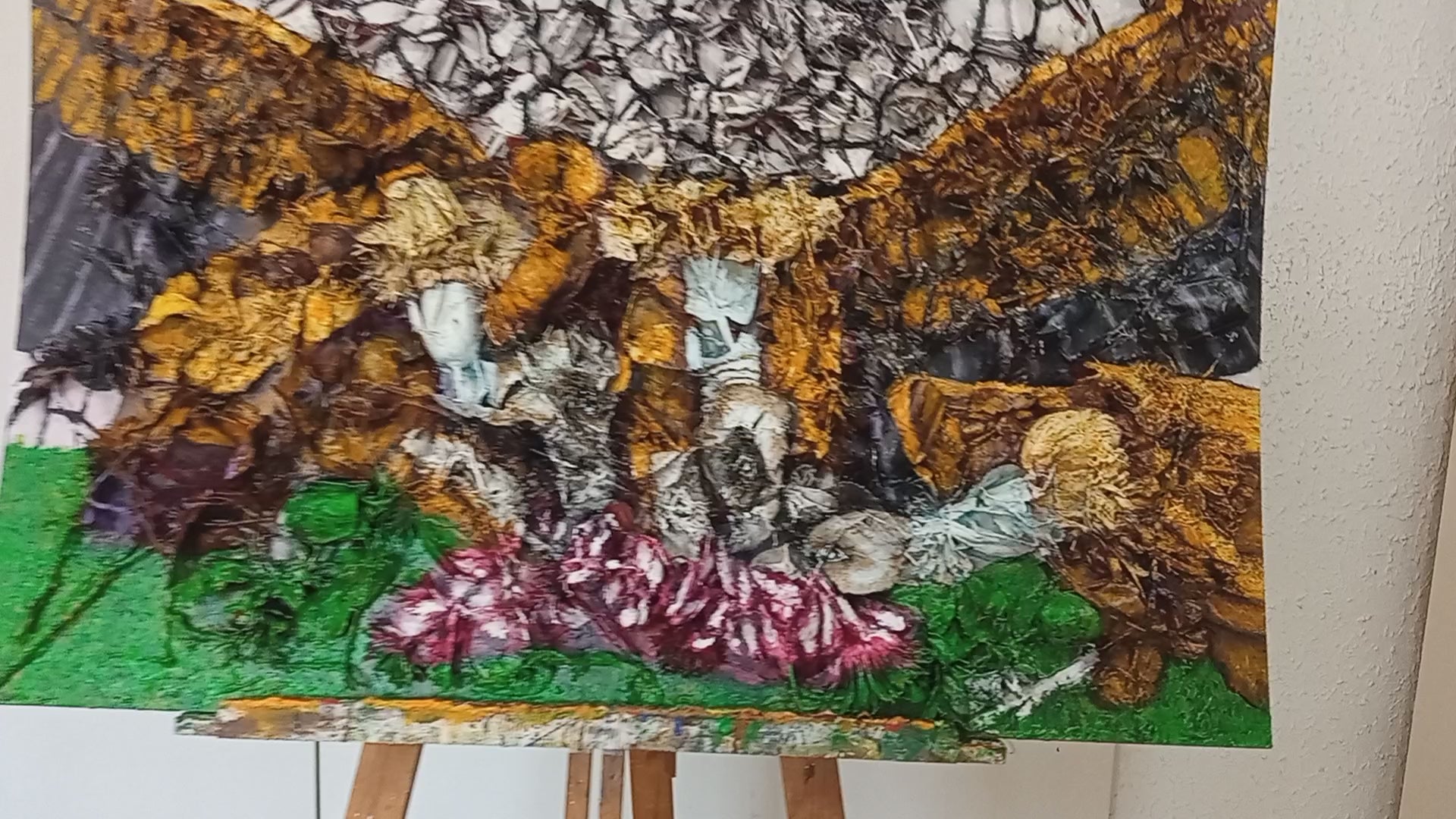 3D Painting of Vultures eating Carrion. Acrylic on SWoodboard and Recycled Plastic Flowers (Wildlife painting).[Recycled Art]. Video