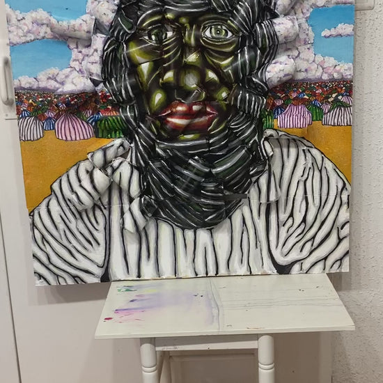 3D Portrait of a Sahrawy Refugee in front of a Tent Camp. Acrylic on Carboard and Recycled Beer Cans[Recycled Art]. Ivan Fyodorovich. Video