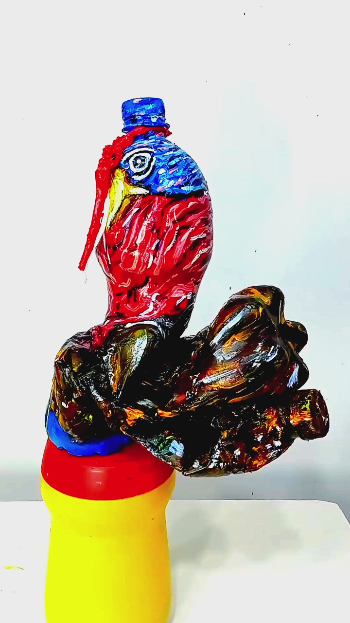 Acrylic painted Recycled plastic bottles Aloof Turkey Figurine. Table top decoration. [Recycled Art]. Video