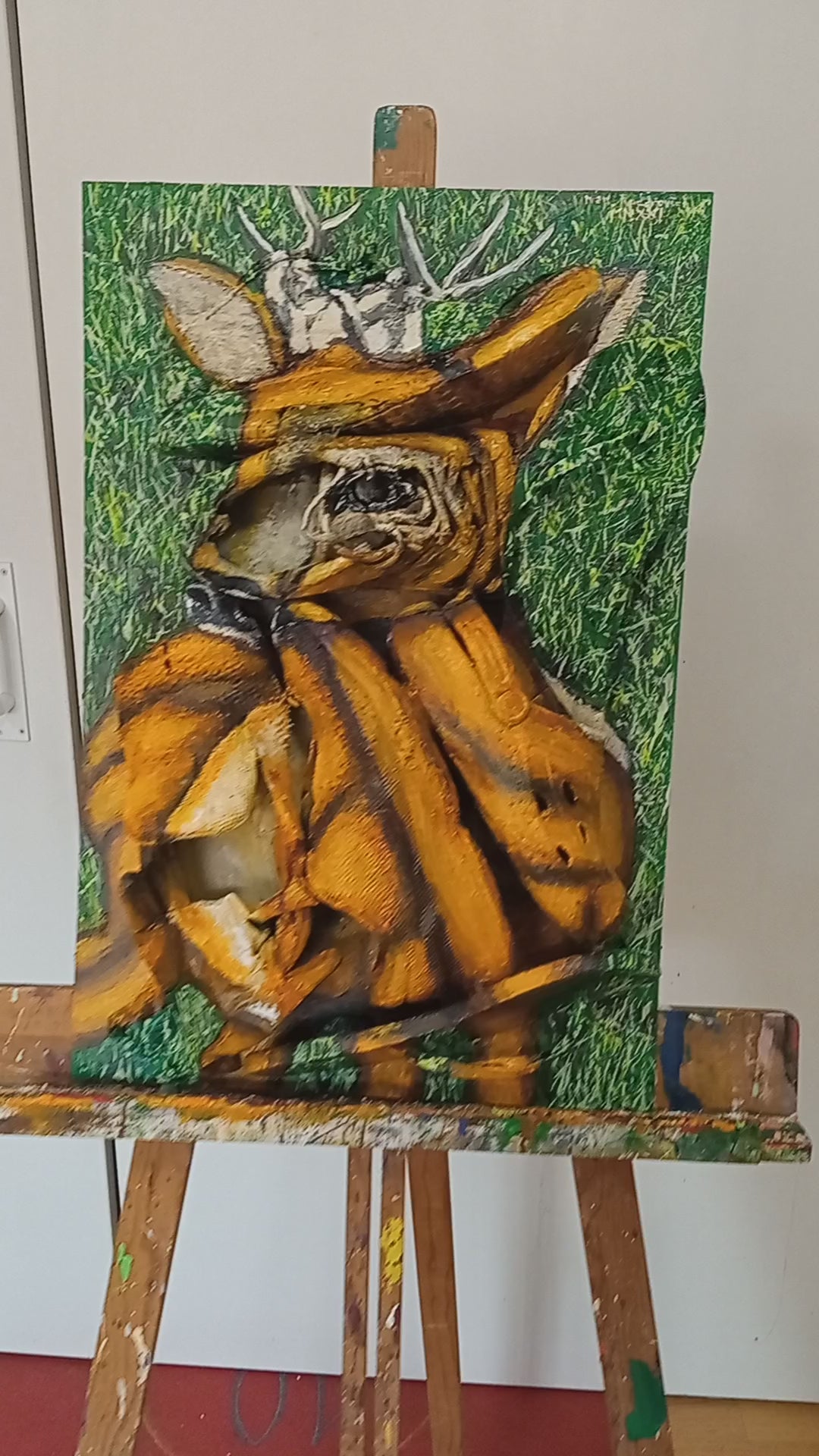 3D Portrait of a Fawn in a green field. Acrylic on Woodboard and Recycled Old Shoes [Recycled Art]led Art. Video