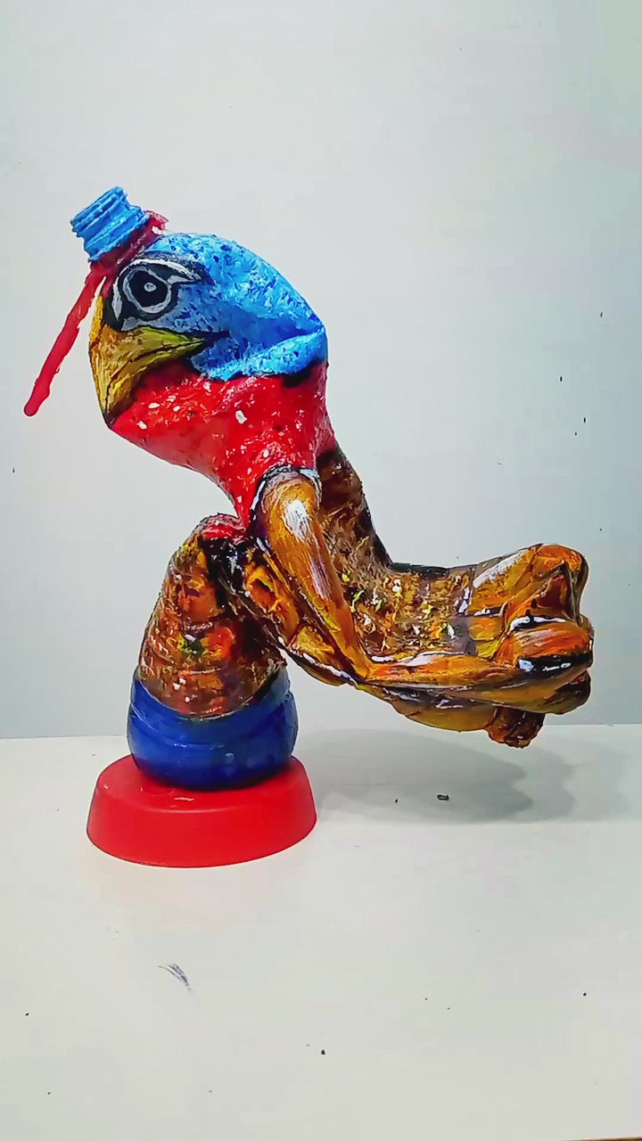 Acrylic painted Recycled plastic bottles Bad Tempered Turkey Figurine. Table top decoration [Recycled Art]. Video