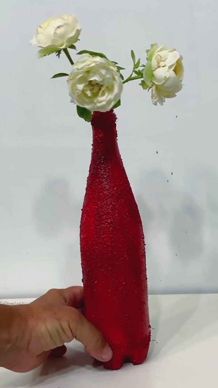 Recycled plastic bottle vase , Acrylic Painted , Sand sprinkled Red Vase for dried flowers. [Recycled Art]. Video