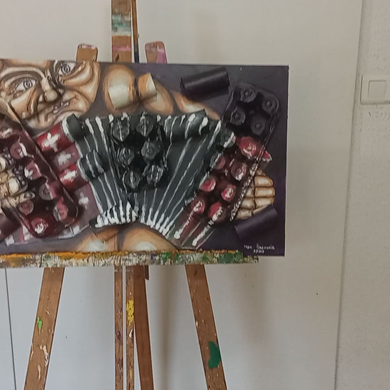 3D art portrait of naked accordionist. Acrylic paint on wood, recycled cardboard tubes and recycled egg cartons."Music painting" [Recycled Art]. Video