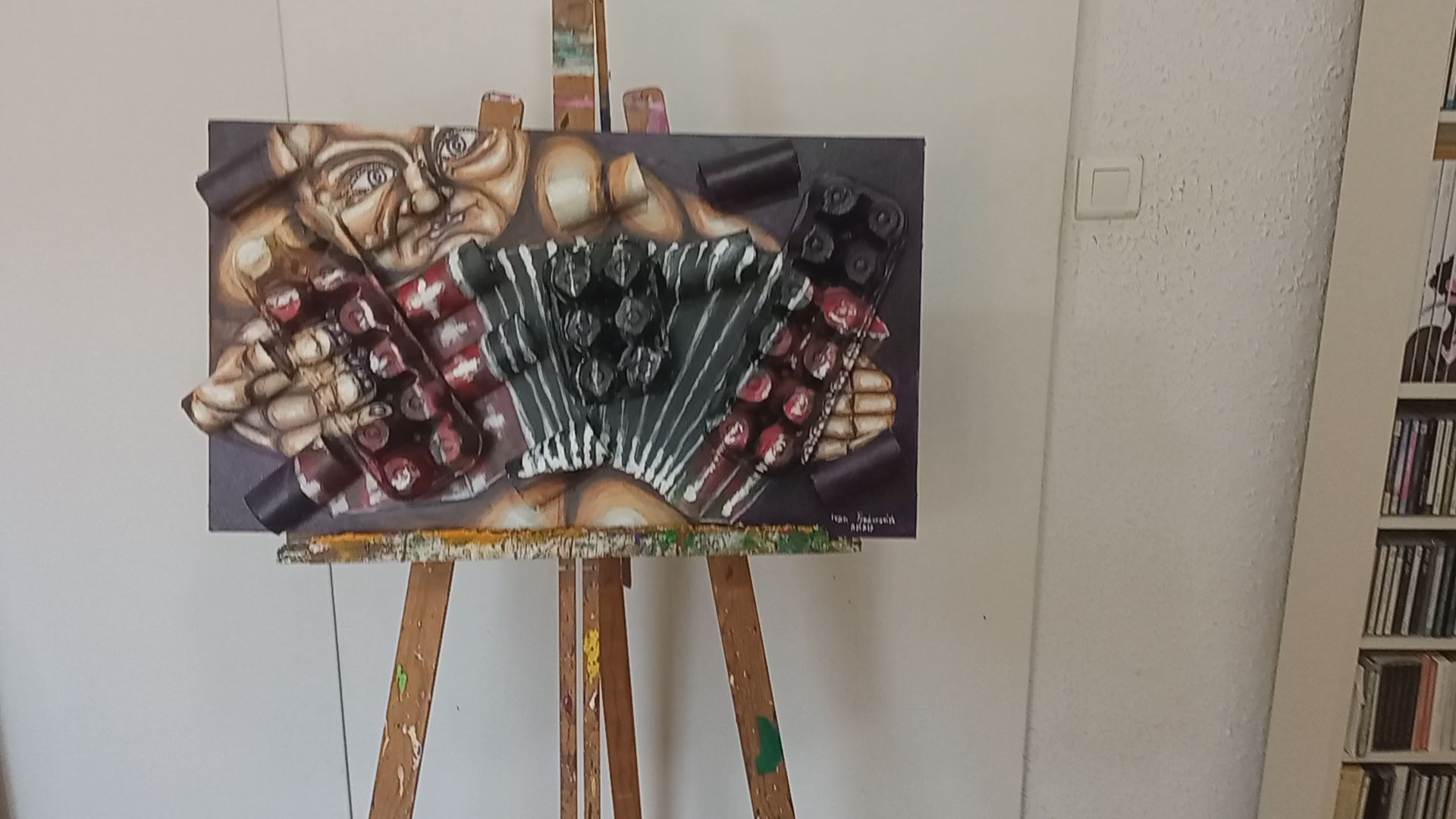 3D art portrait of naked accordionist. Acrylic paint on wood, recycled cardboard tubes and recycled egg cartons."Music painting" [Recycled Art]. Video