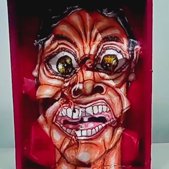 3D Streetart expressionistic style portrait painting.Anguished man with panic attack portrait. Acrylic on Wood box and Recycled beer Cans. [Recycled Art]. Video