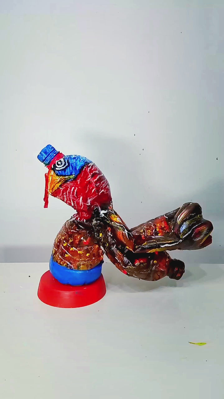 Acrylic painted Recycled plastic bottles Grumpy Turkey Figurine. Table top decoration. [Recycled Art]. Video