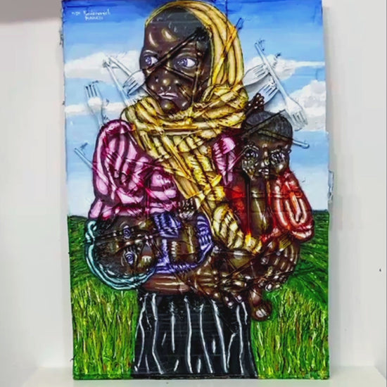 3d Portrait of a Rohingya woman with two children. Acrylic on Cardboard and Recycled Plastic Forks. [Recycled Art]. Video