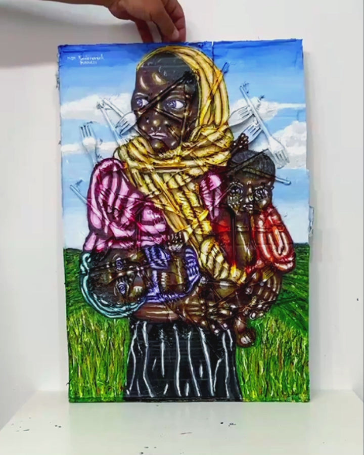 3d Portrait of a Rohingya woman with two children. Acrylic on Cardboard and Recycled Plastic Forks. [Recycled Art]. Video