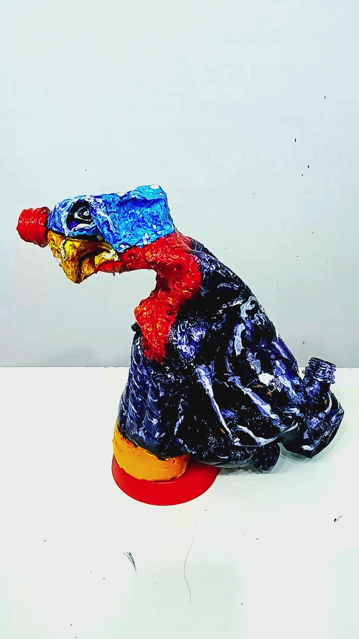 Acrylic painted Recycled plastic bottles Angry Turkey Figurine. Table top . Video