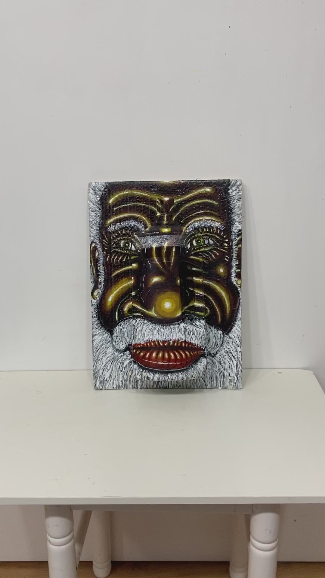 3D Portrait of an Old Australian Aboriginal Man. Acrylic Painting on Cardboard and Recycled Washing Liquid Plastic Bottle. Video