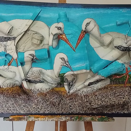 3D Painting of a Stork Family . Acrylic on woodboard and Recycled Found Objects. [Recycled Art]. Video