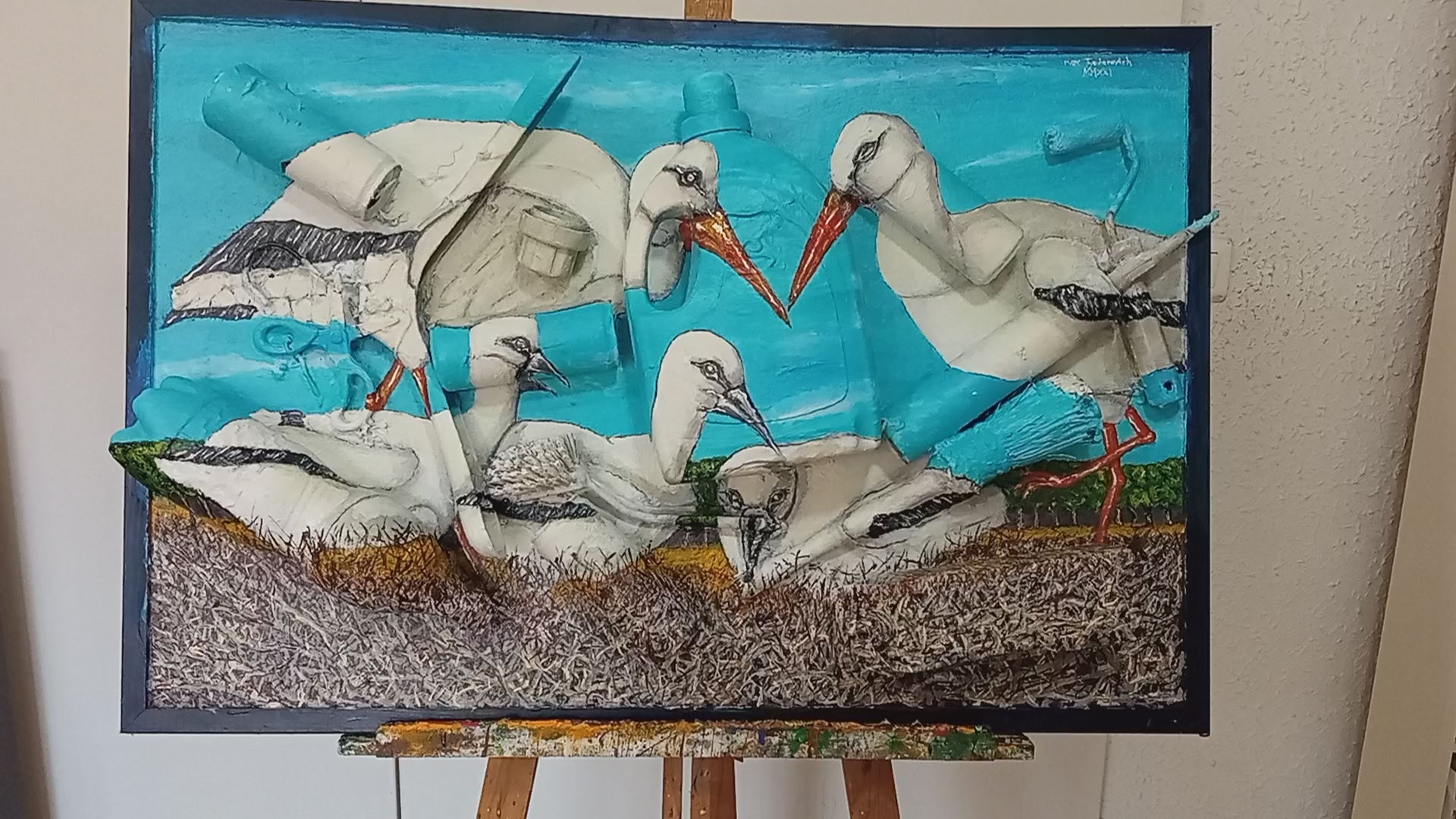 3D Painting of a Stork Family . Acrylic on woodboard and Recycled Found Objects. [Recycled Art]. Video