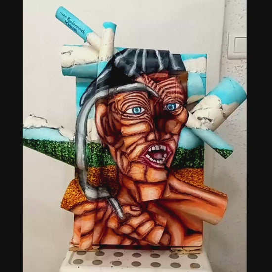 3D Portrait of a Reaper. Acrylic on Recycled Cardboard box and Cardboard tubes [Recycled Art]. Video