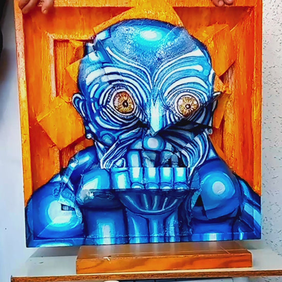 3D Portrait of a Lonely Blue Man. Acrylic on Woodboard and Recycled Cardboard Boxes. (Mental Health Issues Art) [Recycled Art]. Video